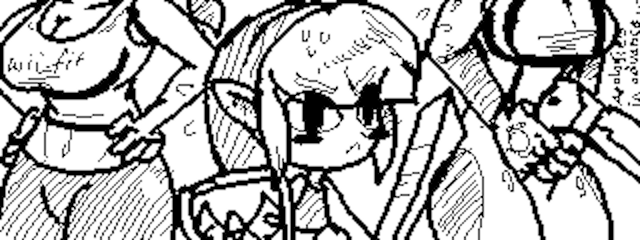 poopishness, link, samus aran, toon link, wii fit trainer (female), miiverse, wii fit trainer, archived source, 1boy, 2girls, breasts, blush, bodysuit, breasts, cleavage, english text, gun, head out of frame, holding, holding gun, holding shield, holding sword, holding weapon, huge breasts, monochrome, multiple girls, navel, pants, pointy ears, print tank top, shield, skin tight, sweat, sword, tank top, thick thighs, thighs, weapon, yoga pants