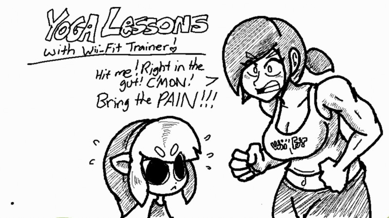 poopishness, link, toon link, wii fit trainer (female), miiverse, the legend of zelda, the legend of zelda: the wind waker, wii fit trainer, archived source, 1boy, 1girl, breasts, cleavage, english text, large breasts, looking at viewer, monochrome, navel, pointy ears, ponytail, print tank top, sweat, tank top, toned