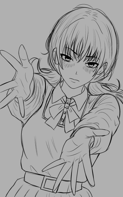 augusketchs, mitaka asa, chainsaw man, 1girl, best girl, blush, dress, fourth east high school uniform, long sleeves, low twintails, pinafore dress, sketch, sleeveless dress, twintails