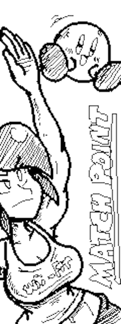 poopishness, kirby, wii fit trainer (female), kirby (series), nintendo, wii fit trainer, archived source, 1boy, 1girl, breasts, curvy, english text, huge breasts, monochrome, navel, print tank top, tank top, volleyball, wide hips