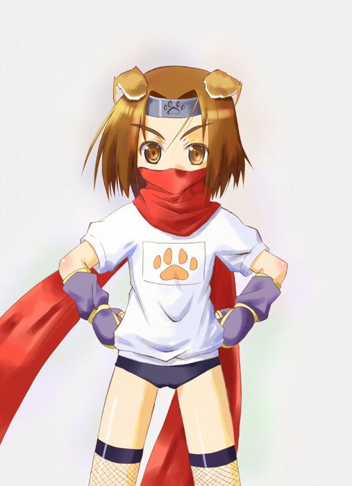 tasuke seinyuu, konoha (arcana heart), aq interactive, arcana heart, atlus, examu, animal ears, brown eyes, brown hair, buruma, dog ears, gloves, gym uniform, headband, mask, ninja, scarf, solo