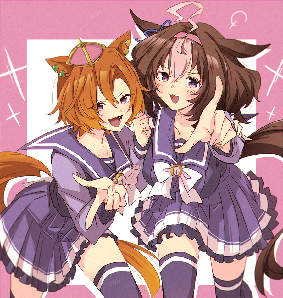 meisho doto (umamusume), t.m. opera o (umamusume), umamusume, commentary request, 2girls, ahoge, animal ears, blush, bow, bowtie, breasts, brown hair, crown, domdam80, double-parted bangs, ear ribbon, hair between eyes, hairband, headband, horse ears, horse girl, horse tail, large breasts, long sleeves, looking at viewer, medium hair, mini crown, multicolored hair, multiple girls, open mouth, orange hair, orange tail, pink crown, pink hairband, pink headband, pleated skirt, purple eyes, purple sailor collar, purple serafuku, purple shirt, purple skirt, purple thighhighs, sailor collar, sailor shirt, school uniform, serafuku, shirt, short hair, skirt, smile, tail, thighhighs, tracen school uniform, two-tone hair, white bow, white bowtie, white hair