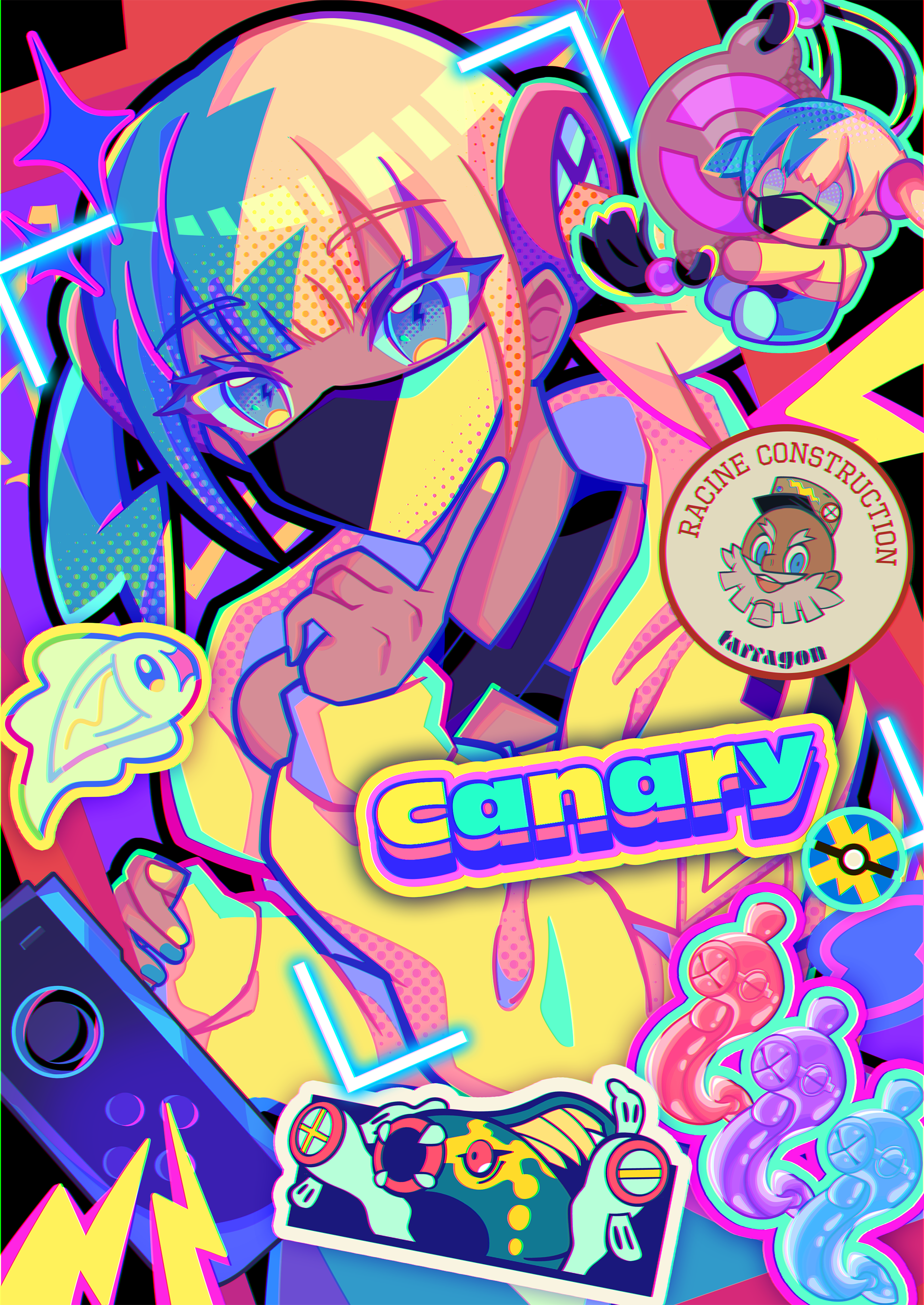 rirashi, canari (pokemon), eelektrik, eelektross, mega eelektross, tarragon (pokemon), tynamo, nintendo, pokemon, pokemon legends: z-a, absurdres, commentary request, highres, 1boy, 1girl, aqua hair, bandeau, beard, black mask, blonde hair, blue eyes, blue skin, canari plush (pokemon), colored sclera, colored skin, criss-cross straps, dark-skinned female, dark skin, eel, evolutionary line, facial hair, fangs, fish, gen 5 pokemon, jacket, lamprey, lightning bolt symbol, long sleeves, looking at viewer, mask, mega pokemon, mouth mask, multicolored hair, multicolored skin, old, old man, open clothes, open mouth, poke ball, pokemon (creature), quick ball, red sclera, short twintails, smile, split-color hair, sports bra, stamp mark, stereo, twintails, two-tone hair, two-tone mask, two-tone skin, white skin, yellow bandeau, yellow jacket, yellow mask, yellow nails, yellow sports bra