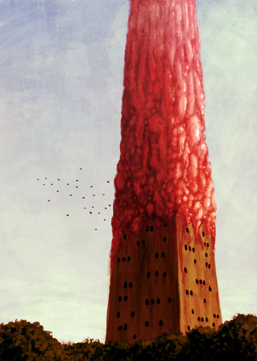 guru, original, highres, traditional media, no humans, scenery, slime (substance), tower