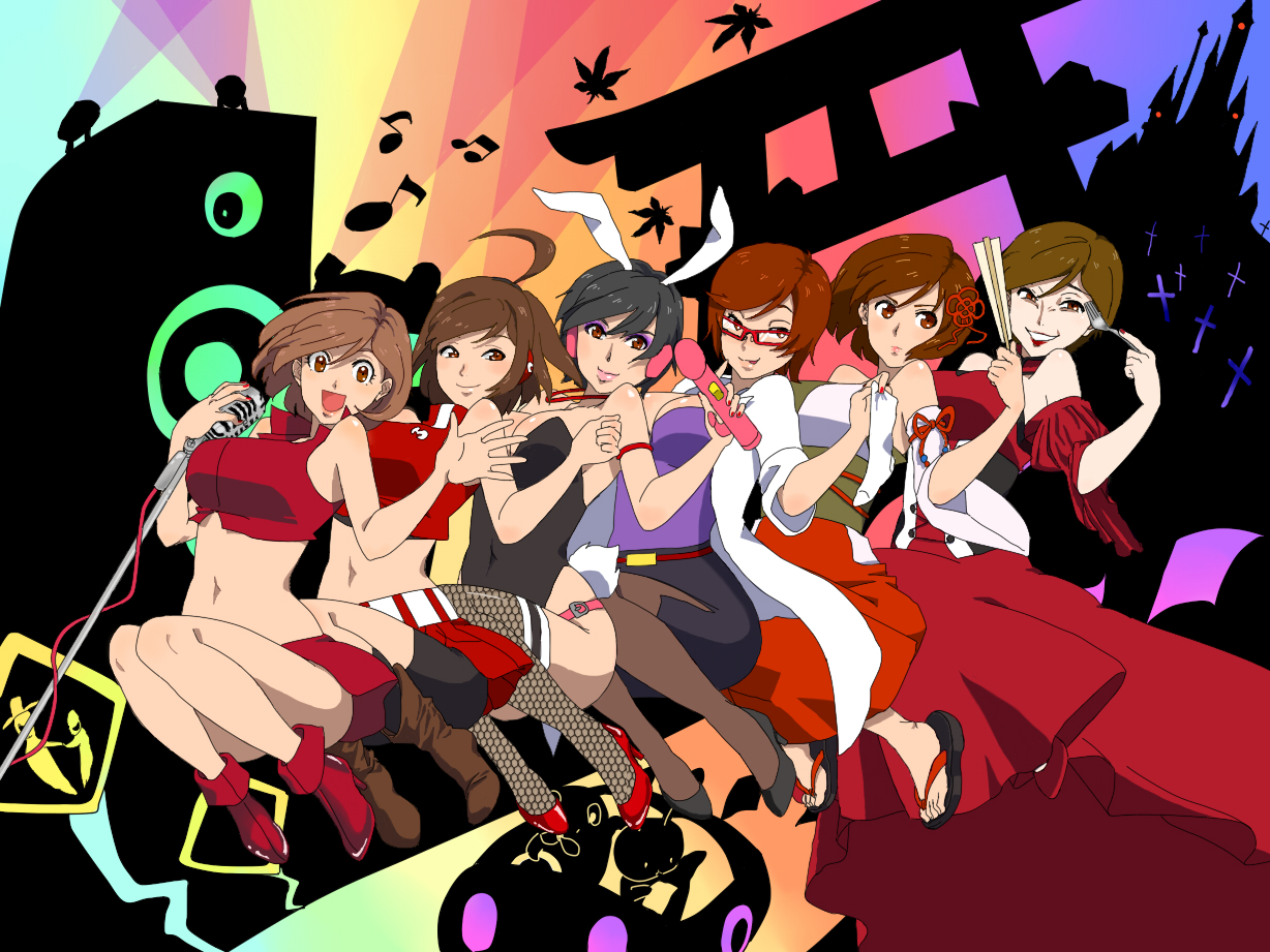 abusan, meiko (vocaloid), sakine meiko, akujiki musume conchita (vocaloid), evillious nendaiki, project diva, project diva (series), super bunny (vocaloid), tsugai kogarashi (vocaloid), vocaloid, 6+girls, :p, ahoge, animal ears, brown eyes, brown hair, crazy smile, detached sleeves, dildo, dress, fake animal ears, fishnet pantyhose, fishnets, fork, glasses, hand fan, japanese clothes, kimono, microphone, microphone stand, multiple girls, multiple persona, nail polish, pantyhose, playboy bunny, rabbit ears, rainbow background, red dress, red nails, sandals, sex toy, short hair, skirt, smile, thighhighs, time paradox, tongue, tongue out, torii
