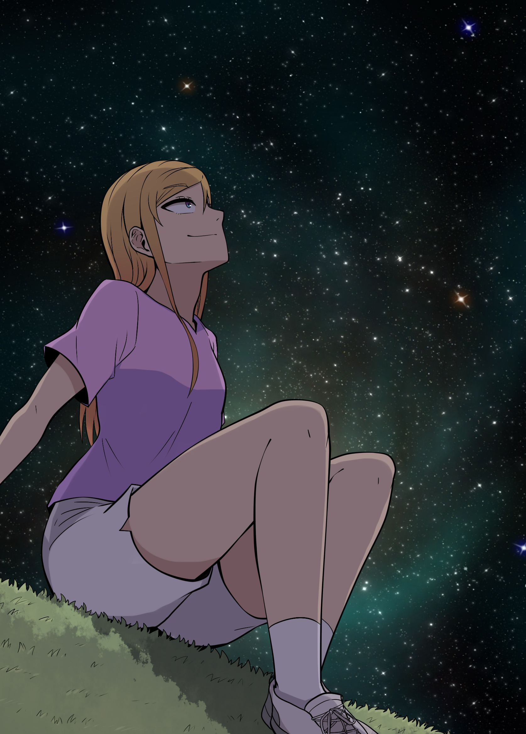 galois, commentary request, highres, korean commentary, 1girl, blonde hair, blue eyes, breasts, from below, grass, hill, long hair, looking up, odyssey (galois), profile, purple shirt, seong eun-ha, shirt, shoes, short shorts, shorts, sidelocks, sitting, sky, small breasts, solo, star (sky), starry sky, white shoes, white shorts