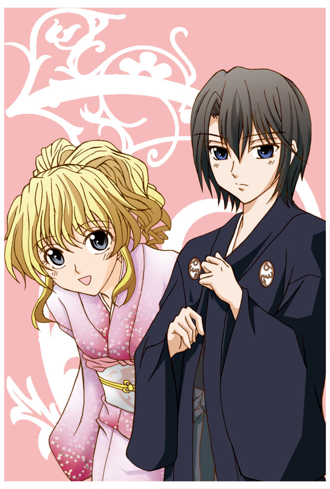 satsuki shizuha, kanon (umineko), ushiromiya jessica, umineko no naku koro ni, 1boy, 1girl, bad anatomy, bad hands, black hair, blonde hair, blue eyes, grey eyes, japanese clothes, kimono, ponytail, poorly drawn