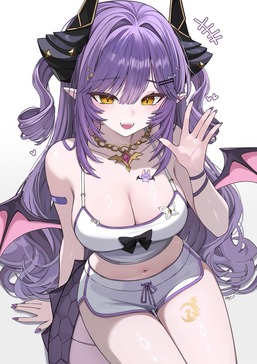 kkato, sakihane huya, stellive, commentary, symbol-only commentary, 1girl, arm support, artist name, bandaid, bandaid on arm, bare shoulders, black bow, blunt bangs, bow, breasts, chest tattoo, cleavage, collarbone, crescent, crop top, diamond (shape), dolphin shorts, dragon girl, dragon horns, dragon tail, dragon wings, fangs, fingernails, front-tie shorts, gem, gold necklace, hair between eyes, hair intakes, hair ornament, hairclip, hand up, heart, horns, jewelry, large breasts, leg tattoo, long fingernails, long hair, looking at viewer, midriff, nail polish, navel, necklace, open hand, open mouth, parallel hairclips, pink gem, pointy ears, purple hair, purple nails, shirt, short shorts, shorts, simple background, sitting, sleeveless, sleeveless shirt, slit pupils, smile, solo, tail, tattoo, thighs, two side up, very long hair, virtual youtuber, waving, white background, white shirt, white shorts, wings, yellow eyes