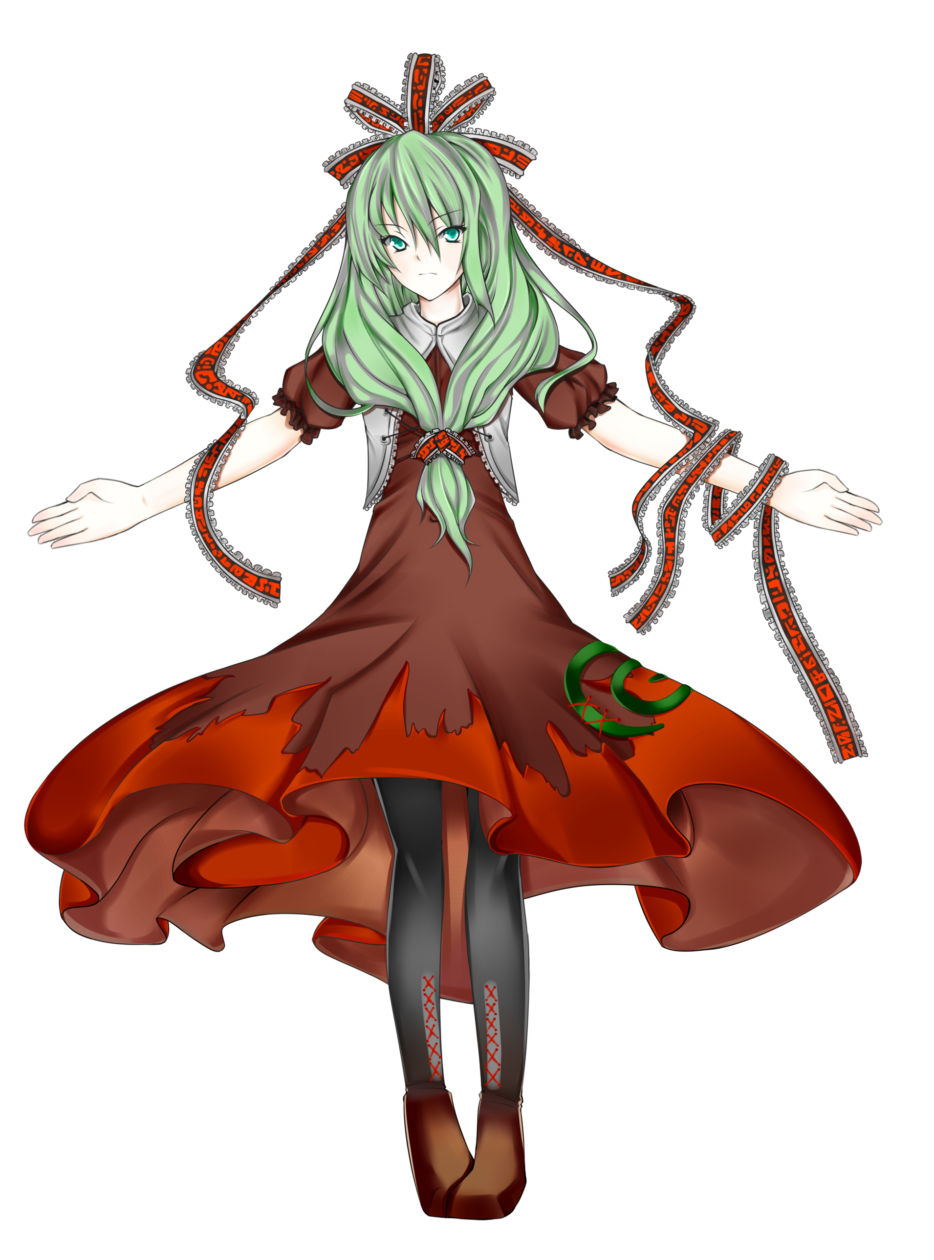 sho-1, kagiyama hina, touhou, absurdres, bad id, bad pixiv id, highres, 1girl, boots, bow, brown boots, collar, dress, female focus, frills, front ponytail, full body, green eyes, green hair, hair ribbon, laces, matching hair/eyes, pantyhose, ribbon, scar, solo, stitches, transparent background