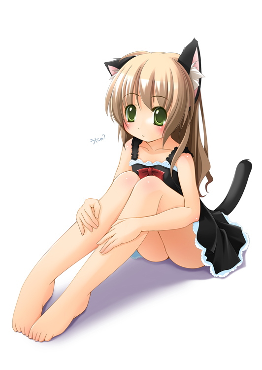 shibacha, original, animal ears, bare legs, barefoot, black dress, blush, brown hair, cat ears, cat tail, dress, feet, flat chest, green eyes, legs, long hair, short dress, sitting, solo, tail