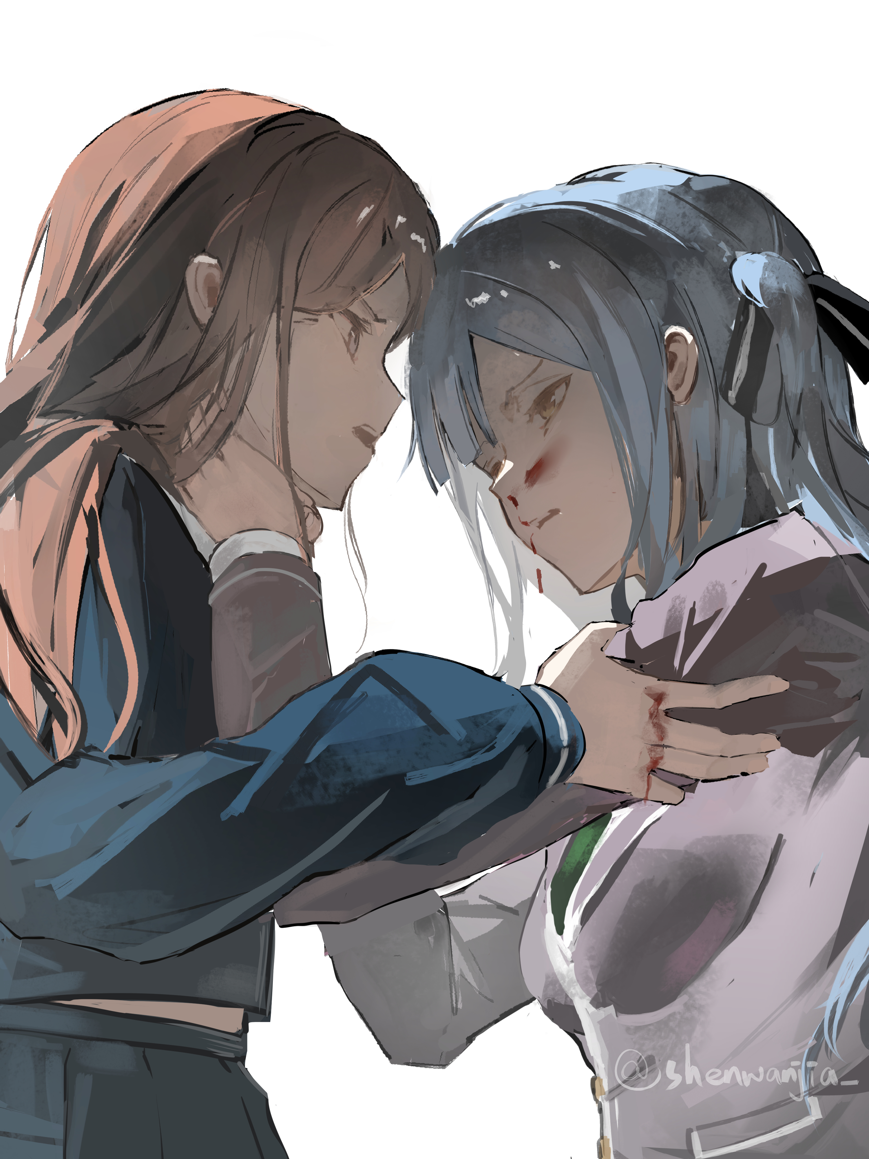 nagasaki soyo, togawa sakiko, bang dream!, bang dream! it's mygo!!!!!, absurdres, commentary, highres, 2girls, blood, blood on face, blood on hands, blue hair, blue shirt, blue skirt, brown hair, grey jacket, haneoka school uniform, jacket, long hair, long sleeves, multiple girls, open mouth, school uniform, shenwanjia, shirt, sidelocks, simple background, skirt, strangling, tsukinomori school uniform, white background