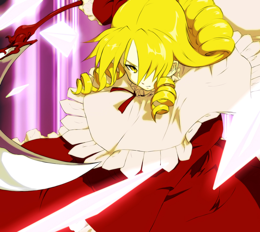 serene (gusarme), elly (touhou), lotus land story, touhou, touhou (pc-98), 1girl, blonde hair, capelet, curly hair, drill hair, female focus, hair over one eye, scythe, serious, short hair, solo, yellow eyes