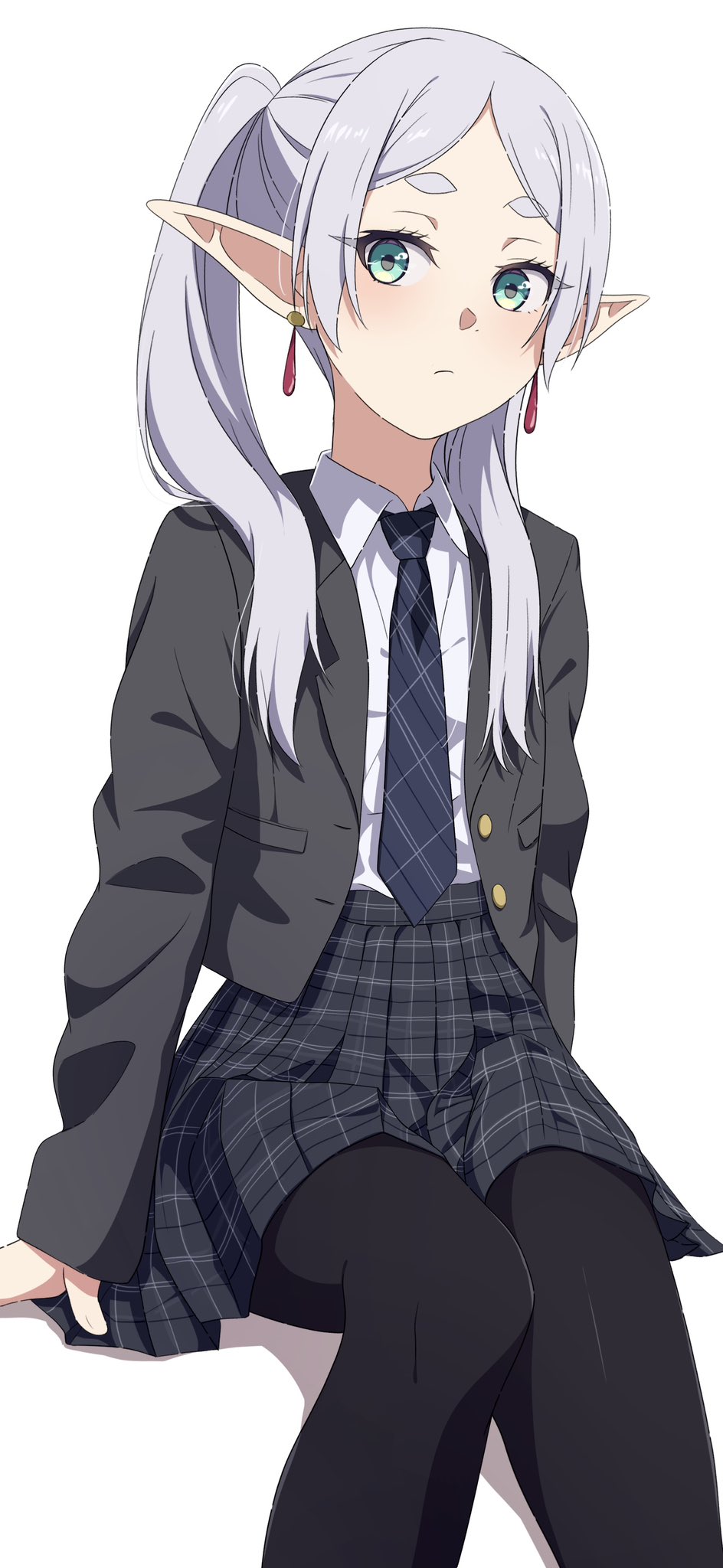 na-suke, frieren, sousou no frieren, commentary request, highres, 1girl, black jacket, black leggings, earrings, elf, green eyes, jacket, jewelry, leggings, long hair, looking at viewer, necktie, pleated skirt, pointy ears, school uniform, shirt, sitting, skirt, twintails, white hair, white shirt