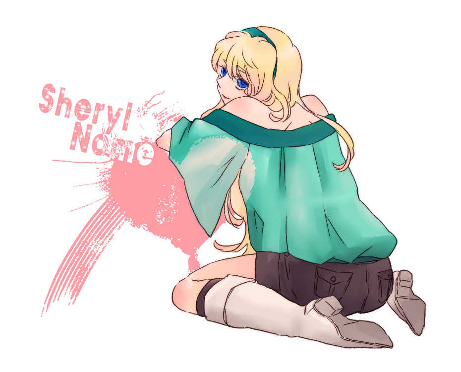 az0212, sheryl nome, macross, macross frontier, bad id, bad pixiv id, ass, blonde hair, blue eyes, boots, headband, high heel boots, high heels, knee boots, long hair, shoe soles, solo