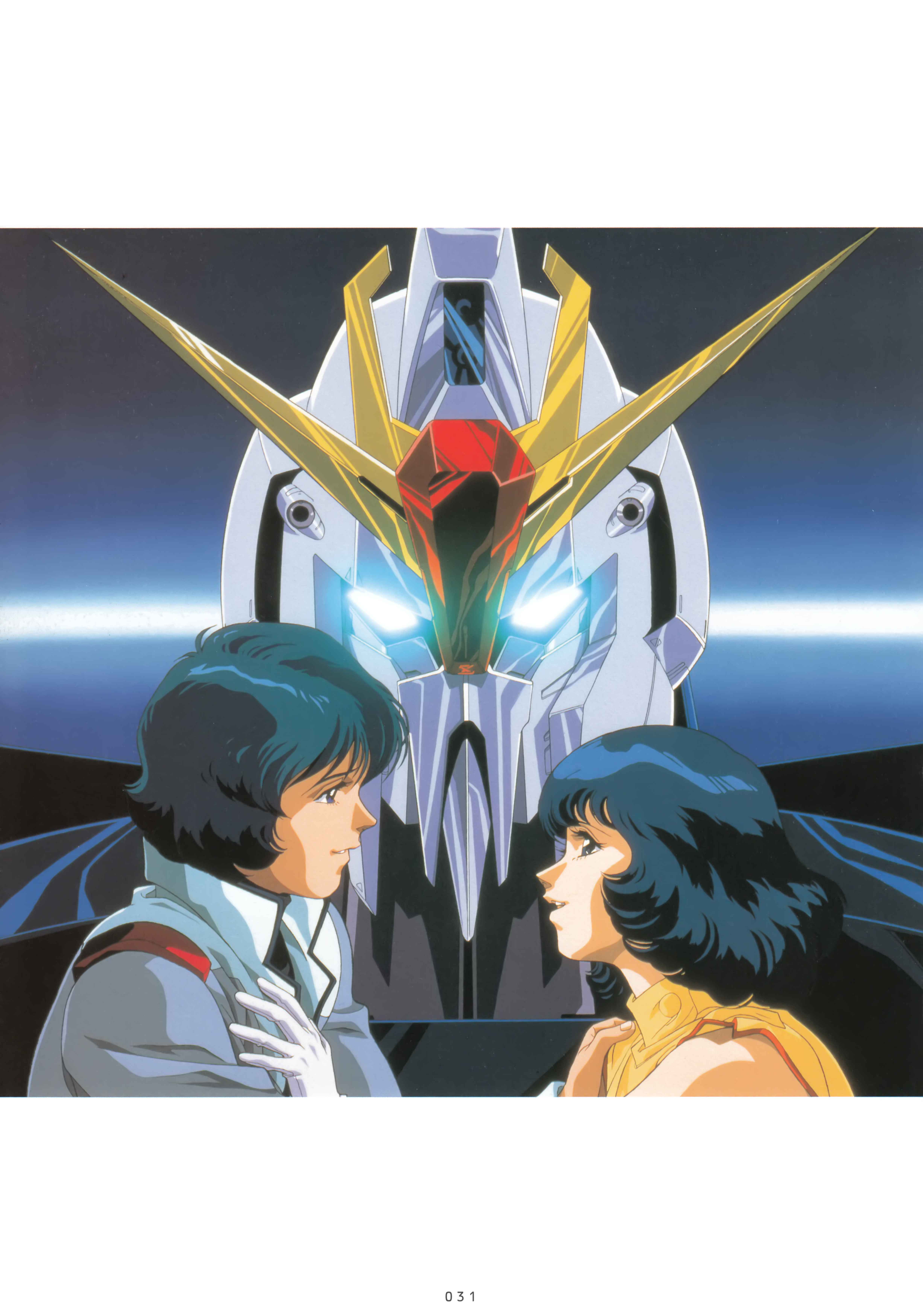 kitazume hiroyuki, fa yuiry, kamille bidan, zeta gundam (mobile suit), gundam, zeta gundam, absurdres, highres, magazine scan, official art, scan, traditional media, 1990s (style), 1boy, 1girl, aeug, black hair, blue eyes, blue hair, couple, glint, gloves, glowing, glowing eyes, gun, hug, looking at viewer, machine gun, mecha, military uniform, mobile suit, retro artstyle, robot, science fiction, v-fin, weapon