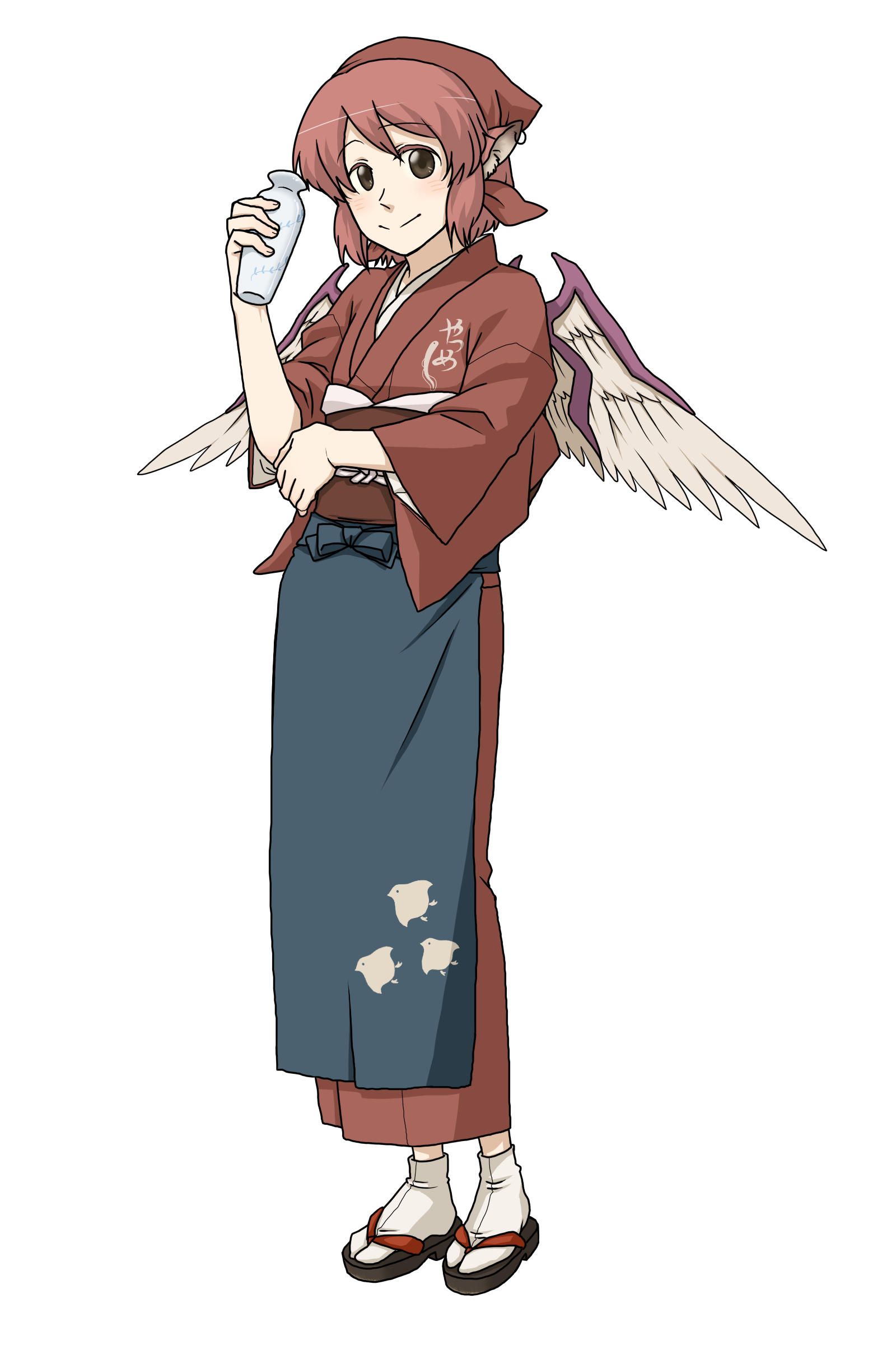 torinone, mystia lorelei, okamisty, touhou, absurdres, bad id, bad pixiv id, highres, 1girl, animal ears, brown eyes, brown headscarf, female focus, full body, headscarf, red hair, short hair, smile, solo, transparent background, wings