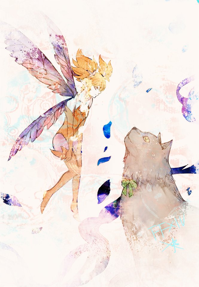 ruka (blueplus84), feo ul, final fantasy, final fantasy xiv, commentary, 1other, animal, bare shoulders, cat, copyright name, elbow gloves, fairy, fairy wings, gloves, grey cat, leotard, orange gloves, orange hair, orange leotard, orange thighhighs, pantyhose, pink eyes, pink pantyhose, pixie (ff14), pointy ears, purple wings, short hair, short twintails, strapless, strapless leotard, thighhighs, twintails, wings