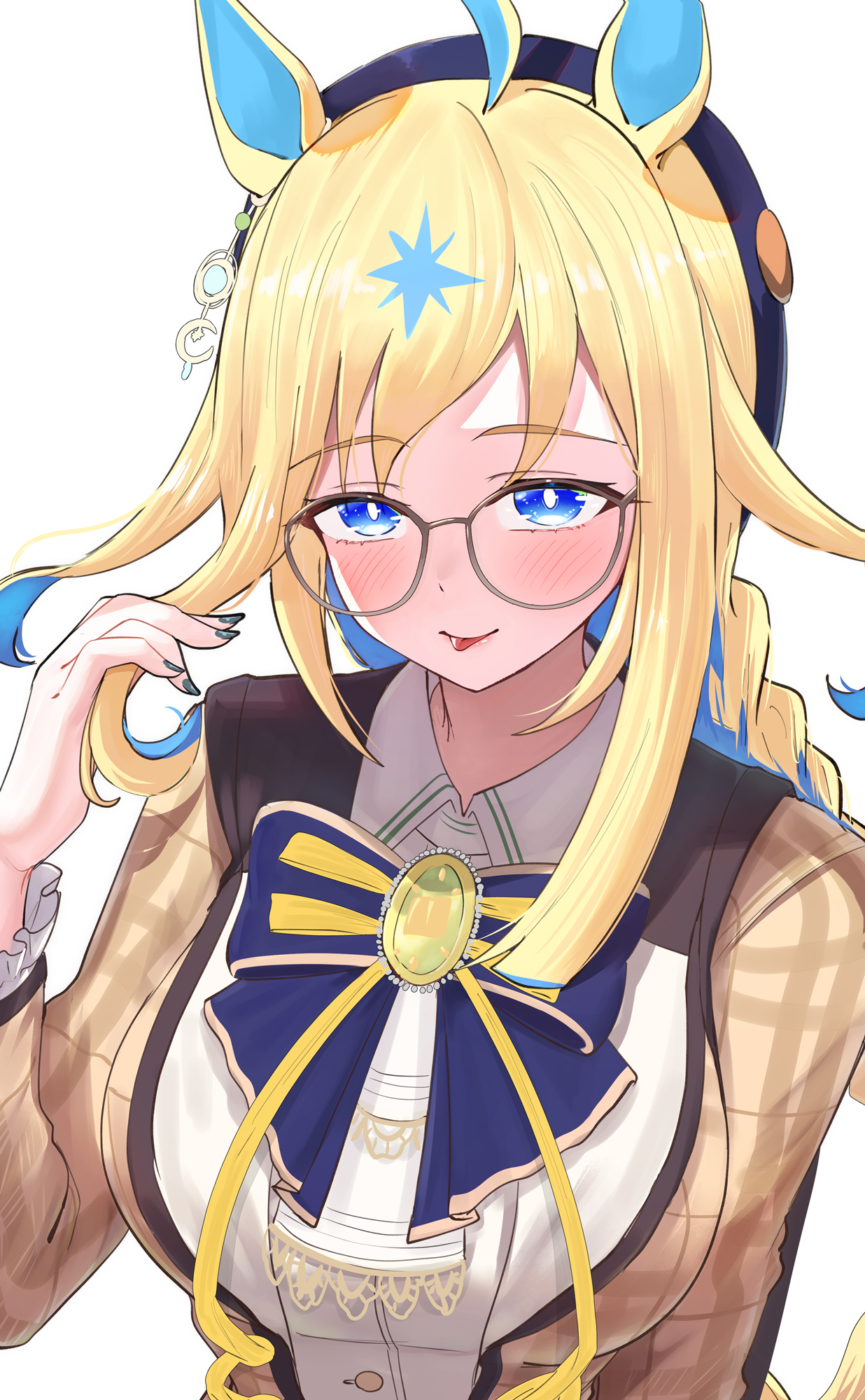 take978733141, neo universe (like "zeer") (umamusume), neo universe (umamusume), umamusume, commentary request, highres, 1girl, :p, ahoge, animal ears, beret, blue eyes, blush, breasts, fingernails, glasses, hair ornament, hat, horse ears, horse girl, long braid, long hair, looking at viewer, medium breasts, multicolored hair, official alternate costume, simple background, solo, tongue, tongue out, white background