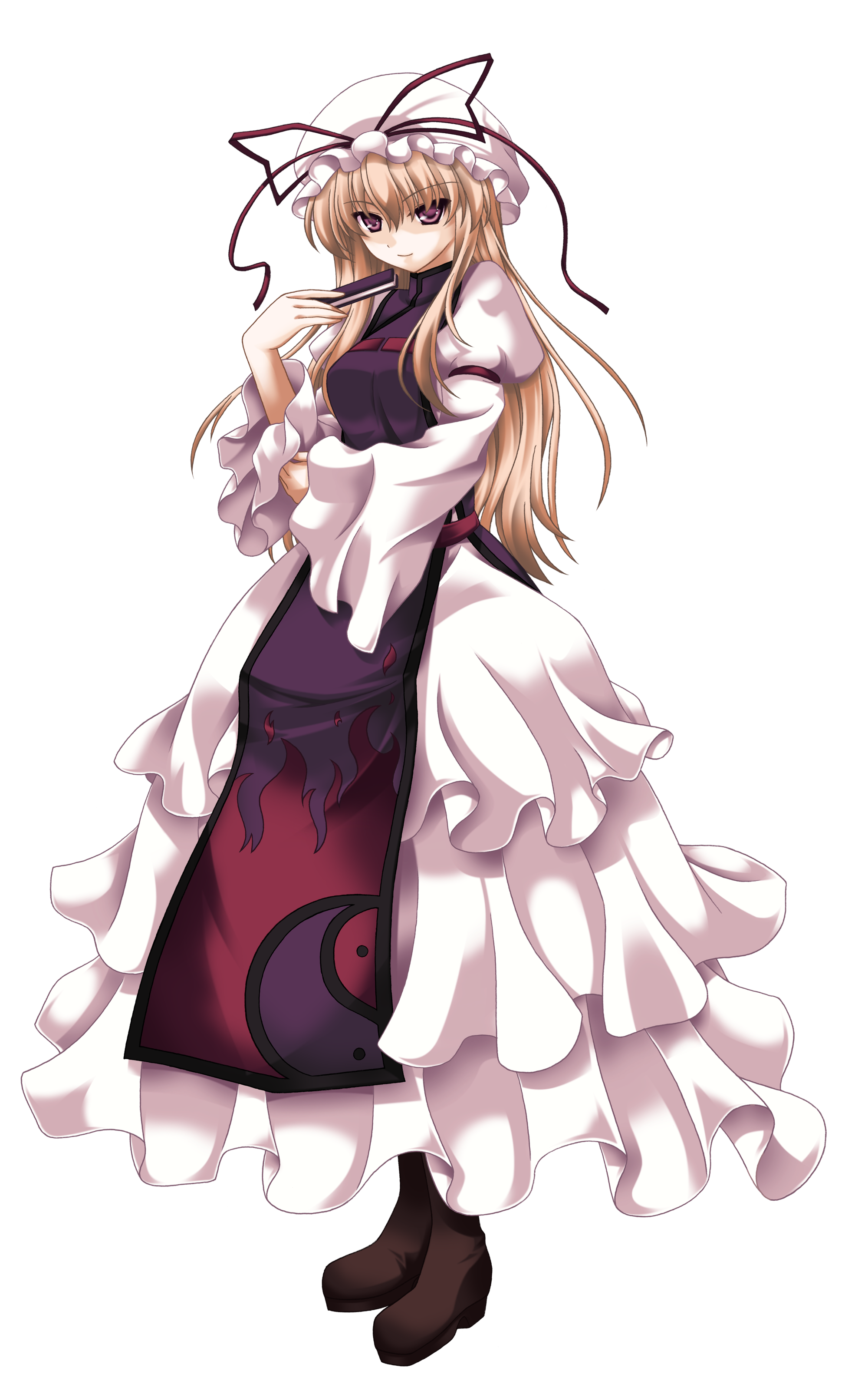 katase kai, ririkarufate, yakumo yukari, touhou, absurdres, highres, 1girl, blonde hair, female focus, folded fan, folding fan, full body, hand fan, hat, long hair, purple eyes, smile, solo, transparent background