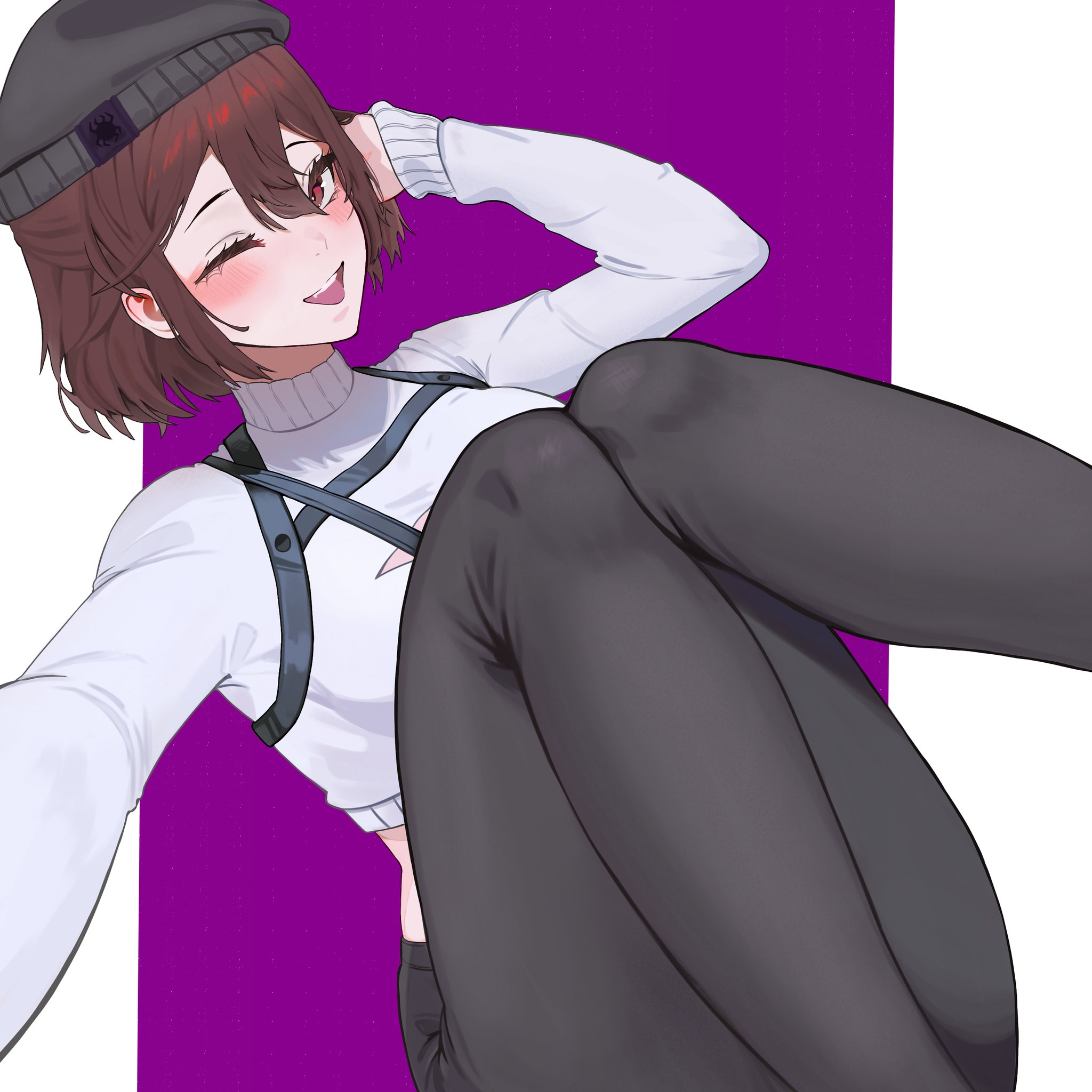 commentary, highres, symbol-only commentary, ;d, beret, black hat, black pants, brown hair, cleavage cutout, clothing cutout, crop top, danielle webster, hat, long sleeves, neobaka, one eye closed, open mouth, pants, poetadasarte, shirt, short hair, simple background, smile, white shirt