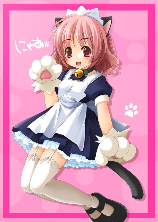 shibacha, original, 1girl, animal ears, animal hands, apron, bell, blush, cat ears, cat girl, cat paws, cat tail, child, collar, female focus, flat chest, frilled skirt, frills, garter straps, gloves, happy, jingle bell, leaning back, maid, maid apron, maid headdress, mary janes, neck bell, open mouth, paw gloves, paw print, pink background, pink hair, red eyes, shoes, short hair, skirt, socks, solo, tail, thighhighs, white thighhighs