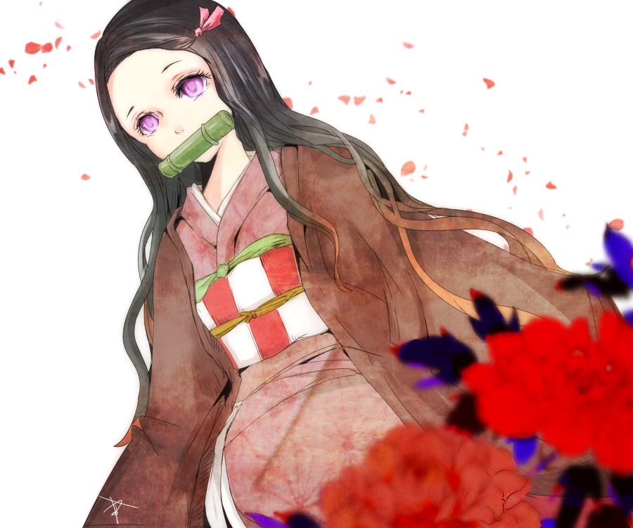 ruka (blueplus84), kamado nezuko, kimetsu no yaiba, commentary, 1girl, bamboo, bit gag, black hair, brown haori, checkered sash, flower, gag, hair ribbon, haori, japanese clothes, kimono, long hair, long sleeves, obi, obiage, obijime, pink eyes, pink kimono, pink ribbon, red flower, ribbon, sash, solo