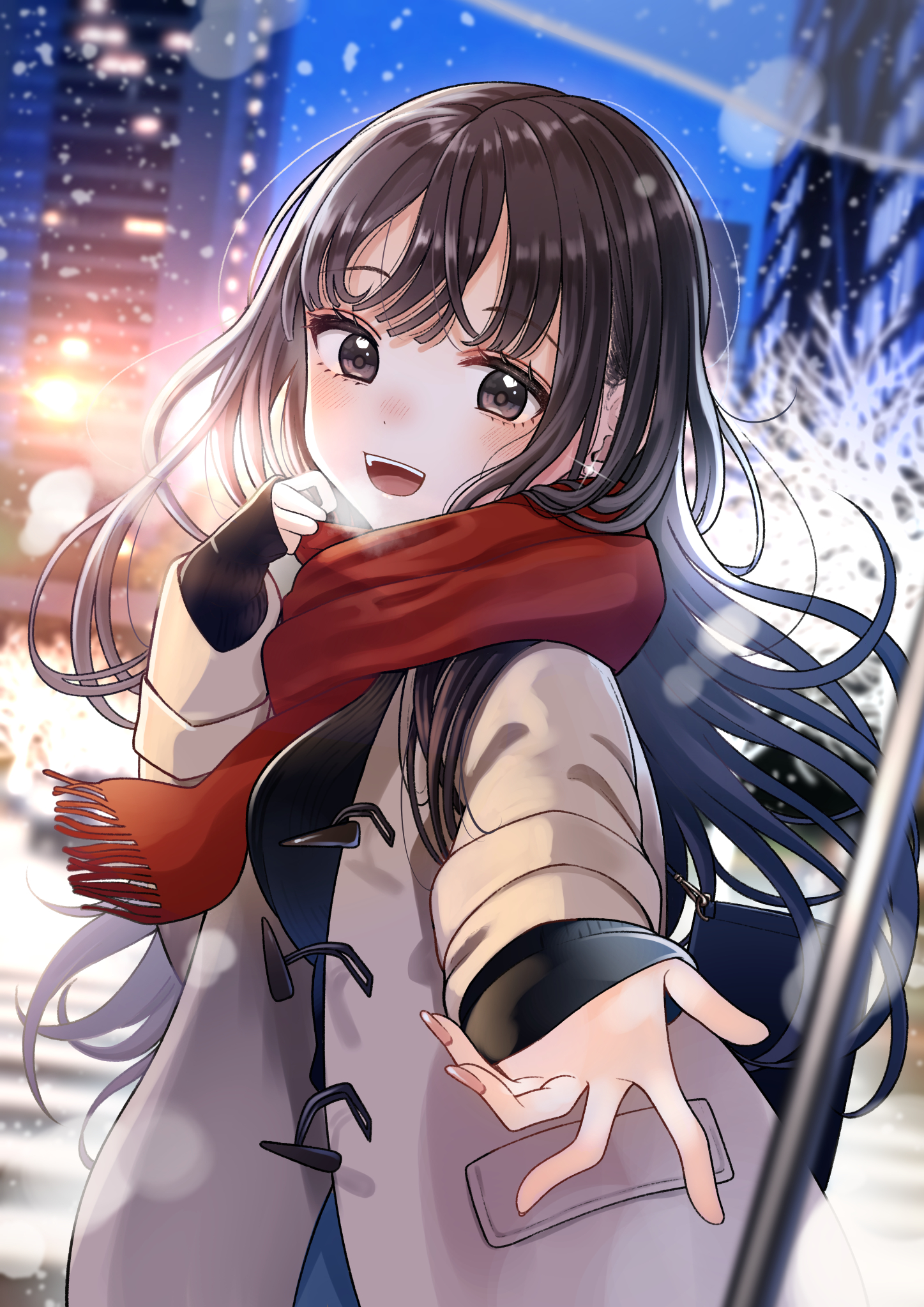 kentaurosu, original, commentary request, highres, 1girl, :d, black hair, black sweater, blue sky, blurry, blurry background, blush, breasts, breath, brown coat, brown eyes, building, coat, depth of field, earrings, fringe trim, from side, glint, hand up, jewelry, long hair, long sleeves, looking at viewer, medium breasts, night, open clothes, open coat, open mouth, outdoors, red scarf, scarf, sky, sleeves past wrists, smile, snowing, solo, sweater, very long hair