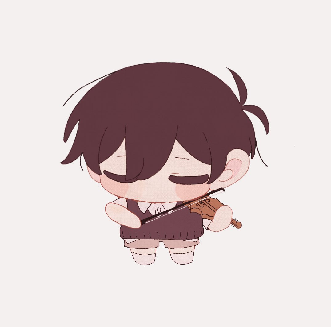 sunny (omori), omori, 1boy, 5oh h, antenna hair, black hair, black sweater vest, blush, bow (music), brown shorts, chibi, chibi only, closed eyes, collared shirt, double-parted bangs, hair between eyes, holding, holding bow (music), holding instrument, holding violin, instrument, male focus, no mouth, shirt, short hair, shorts, simple background, socks, solo, sweater vest, violin, white background, white shirt, white socks