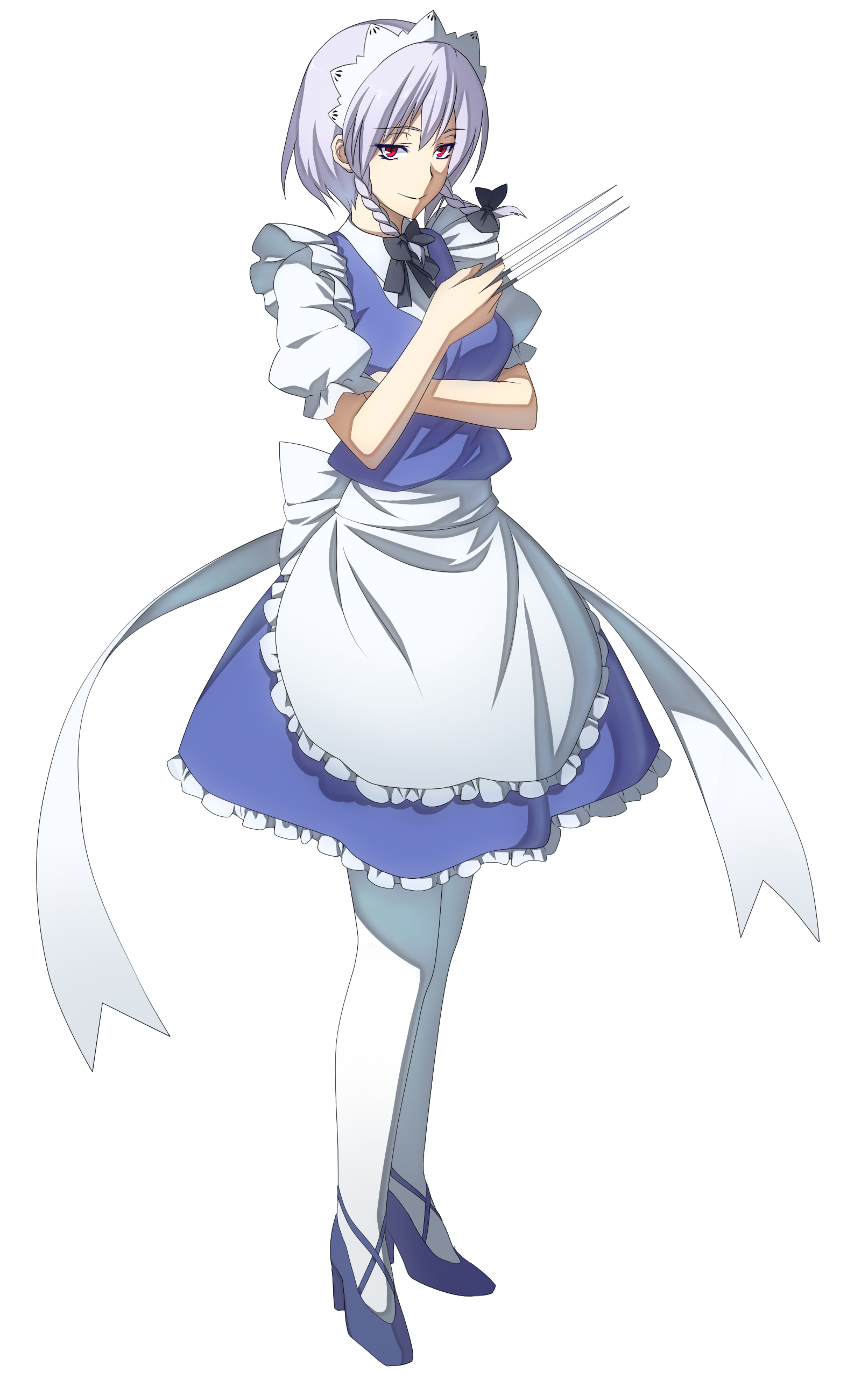 izumi sai, izayoi sakuya, embodiment of scarlet devil, touhou, silver hair, absurdres, bad id, bad pixiv id, highres, 1girl, braid, female focus, full body, hairband, knife, maid, pantyhose, red eyes, short hair, solo, standing, throwing knife, transparent background, twin braids, weapon