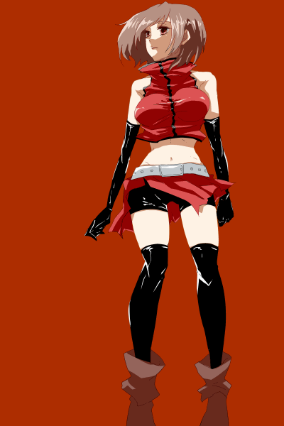 sachirou, meiko (vocaloid), vocaloid, 1girl, belt, breasts, brown hair, female focus, gloves, large breasts, red theme, short hair, shorts, simple background, skirt, solo, thighhighs
