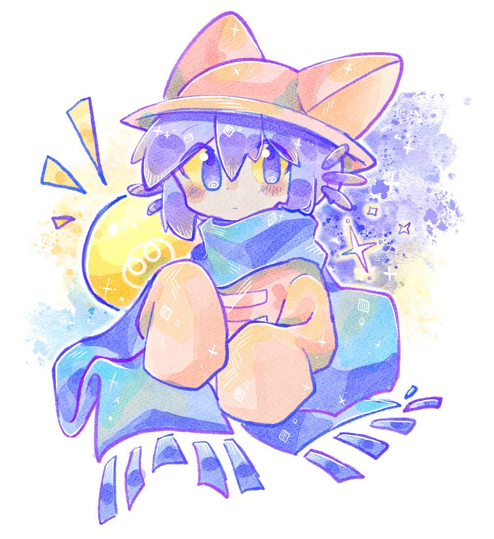 amoti, niko (oneshot), oneshot (game), 1other, androgynous, blue eyes, blue hair, blue scarf, blush, brown hat, closed mouth, colored sclera, double-parted bangs, hair between eyes, hat, light bulb, long sleeves, scarf, short hair, sleeves past wrists, solo, upper body, yellow sclera