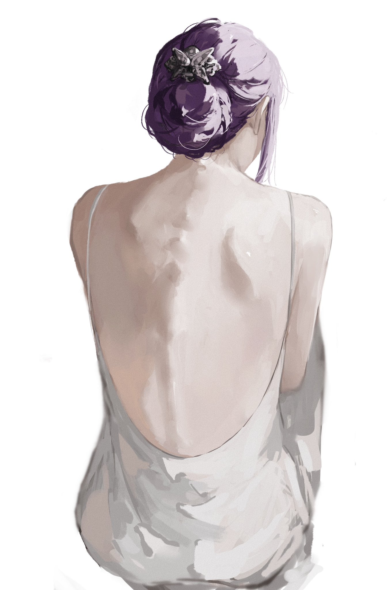raberu ruru, fern (sousou no frieren), sousou no frieren, commentary, english commentary, highres, 1girl, back, backless dress, backless outfit, bare arms, bare shoulders, butterfly hair ornament, dress, facing away, from behind, hair bun, hair ornament, hairclip, long dress, long hair, purple hair, sitting, sleeveless, sleeveless dress, solo, spine, updo, upper body, white background, white dress