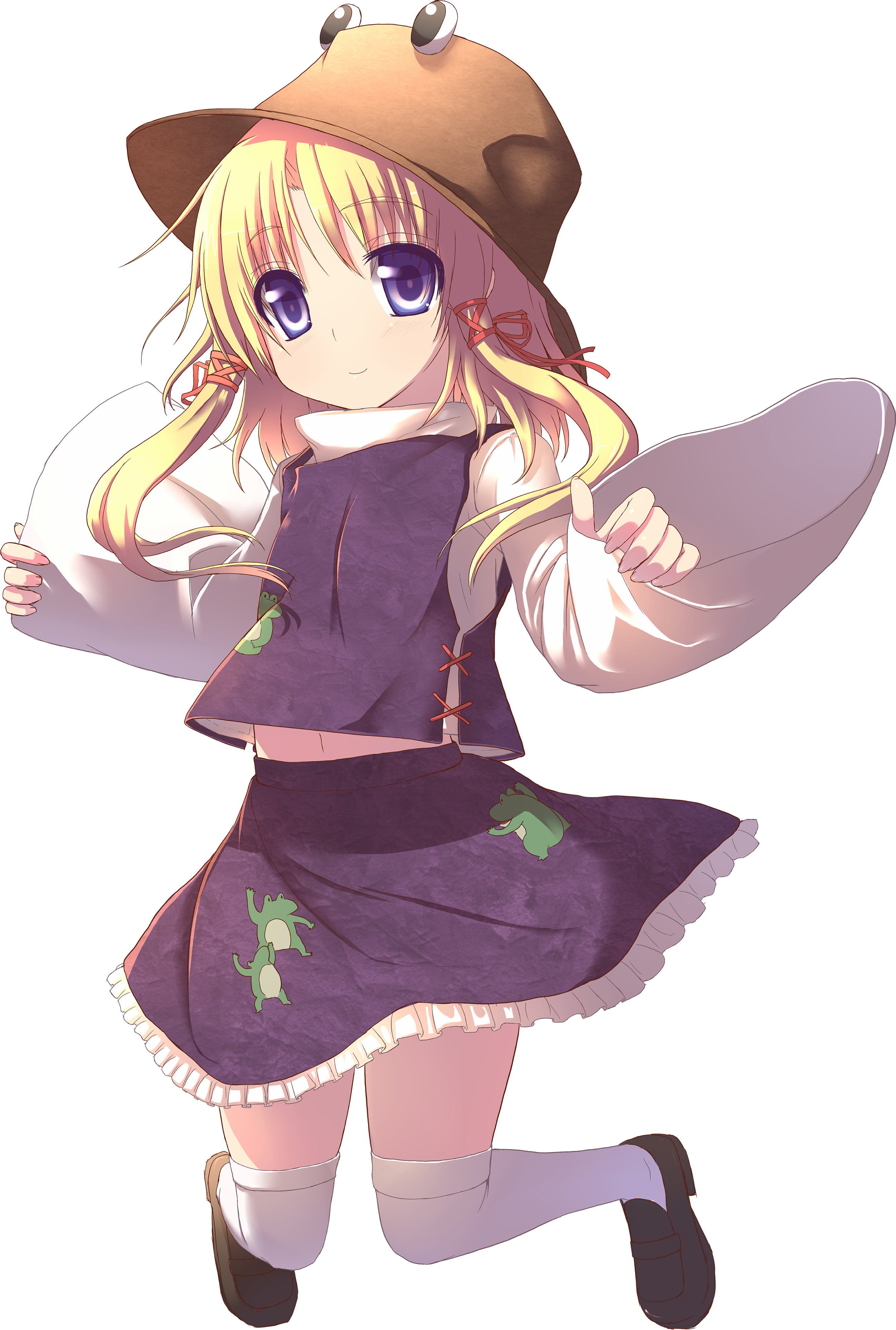 hiraga matsuri, hirasato, moriya suwako, touhou, absurdres, highres, 1girl, blonde hair, female focus, full body, hair ribbon, hat, jumping, long sleeves, midriff, navel, purple eyes, ribbon, sleeves past wrists, smile, solo, thighhighs, transparent background, turtleneck, wide sleeves, zettai ryouiki