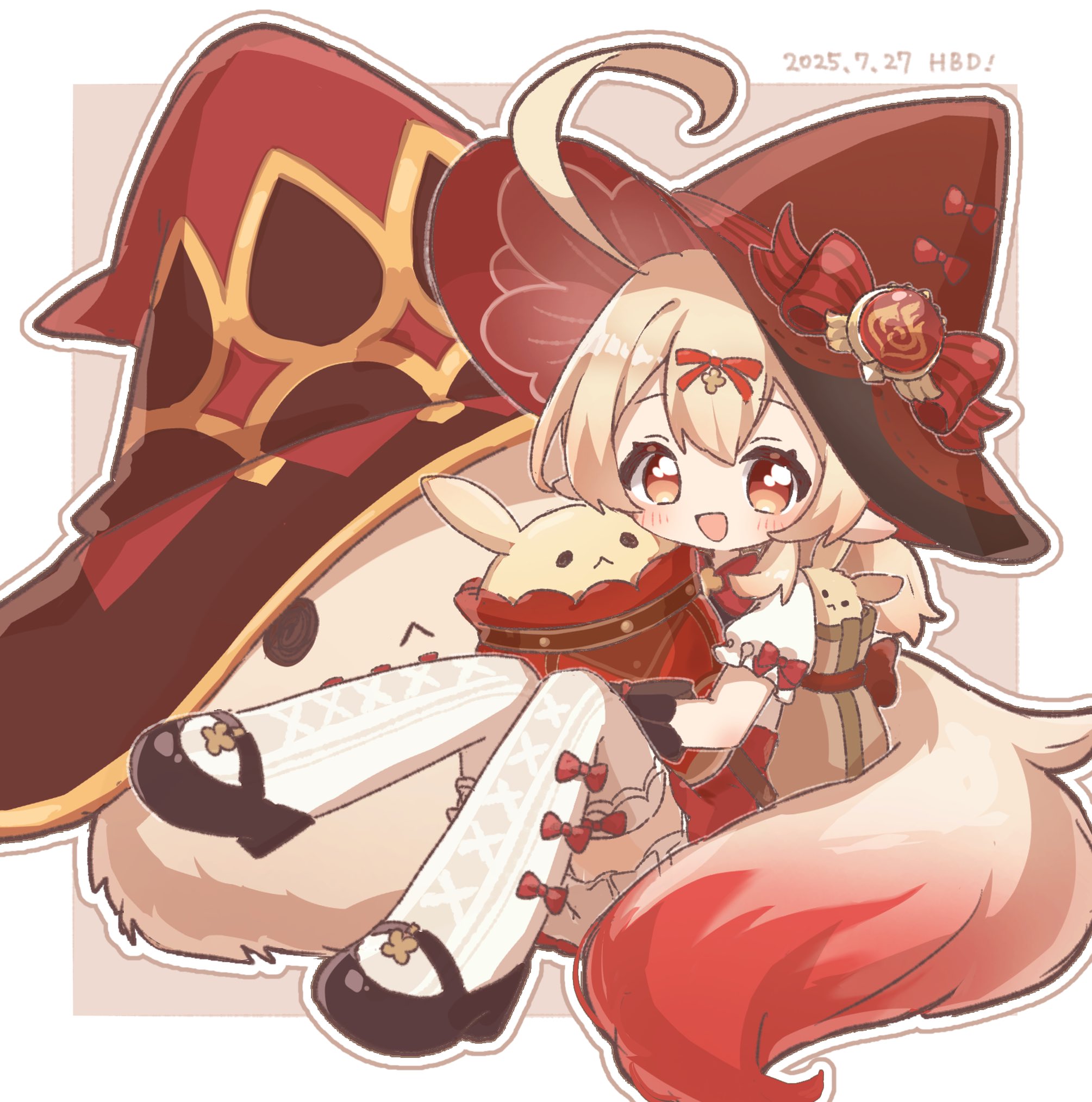 dodoco (genshin impact), jumpy dumpty, klee (blossoming starlight) (genshin impact), klee (genshin impact), genshin impact, commentary request, highres, 1girl, backpack, bag, black gloves, black shoes, blonde hair, bloomers, blush, border, bow, bow legwear, bowtie, dated, dress, gloves, hair between eyes, hair bow, happy, happy birthday, hat, hugging object, large hat, long hair, looking at viewer, masikii 13, official alternate costume, open mouth, pointy ears, red bow, red bowtie, red dress, red eyes, red hat, shirt, shoes, short sleeves, sidelocks, sitting, sleeve bow, smile, thighhighs, twintails, underwear, vision (genshin impact), white bloomers, white border, white thighhighs, witch hat