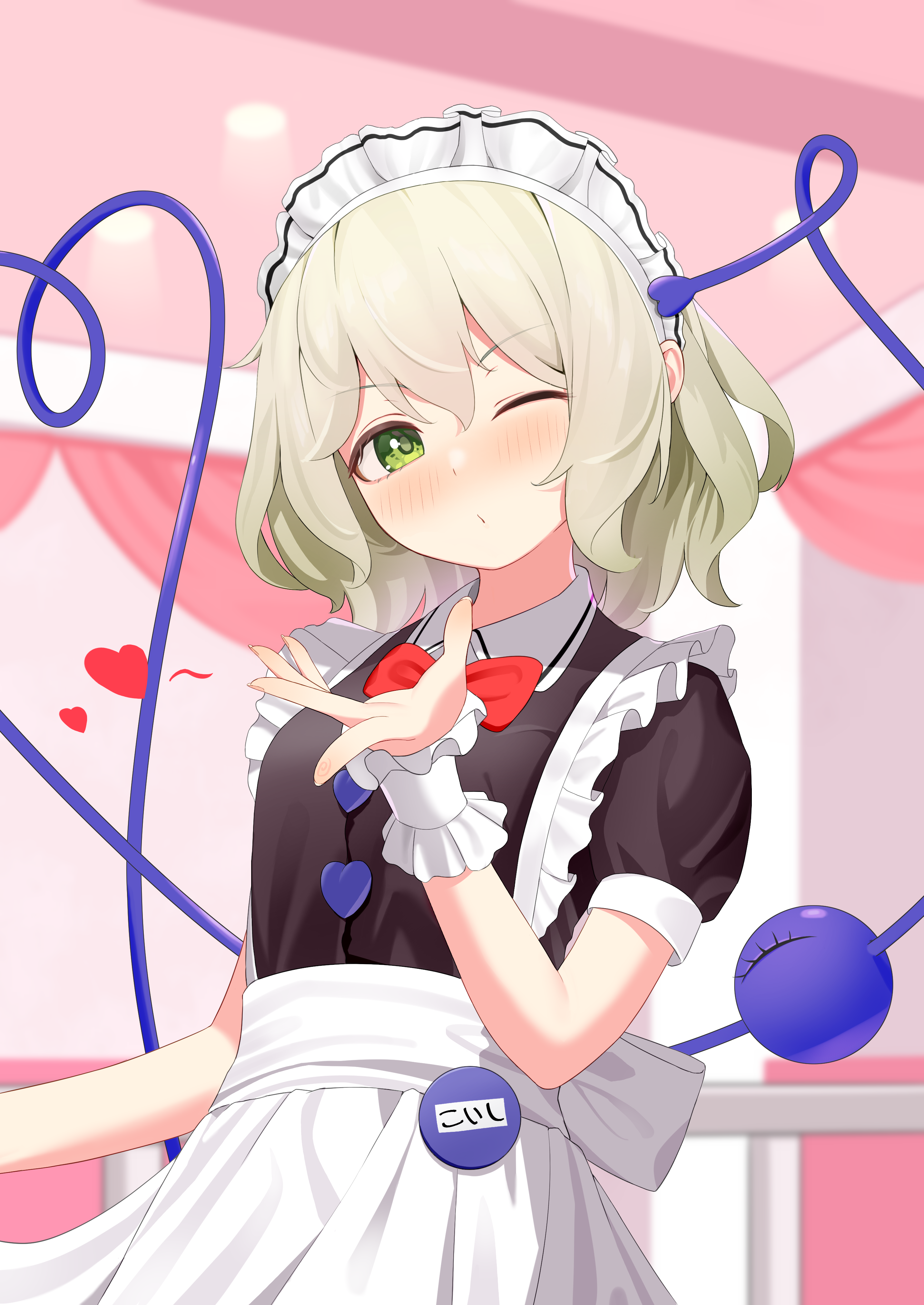 wrainman, komeiji koishi, touhou, absurdres, commentary, highres, 1girl, alternate costume, apron, black shirt, blowing kiss, blush, bow, bowtie, buttons, closed mouth, collared shirt, enmaided, eyeball, frills, green eyes, green hair, heart, heart button, heart of string, looking at viewer, maid, maid apron, maid headdress, medium hair, name tag, one eye closed, puffy short sleeves, puffy sleeves, red bow, red bowtie, shirt, short sleeves, solo, third eye, white apron, wrist cuffs