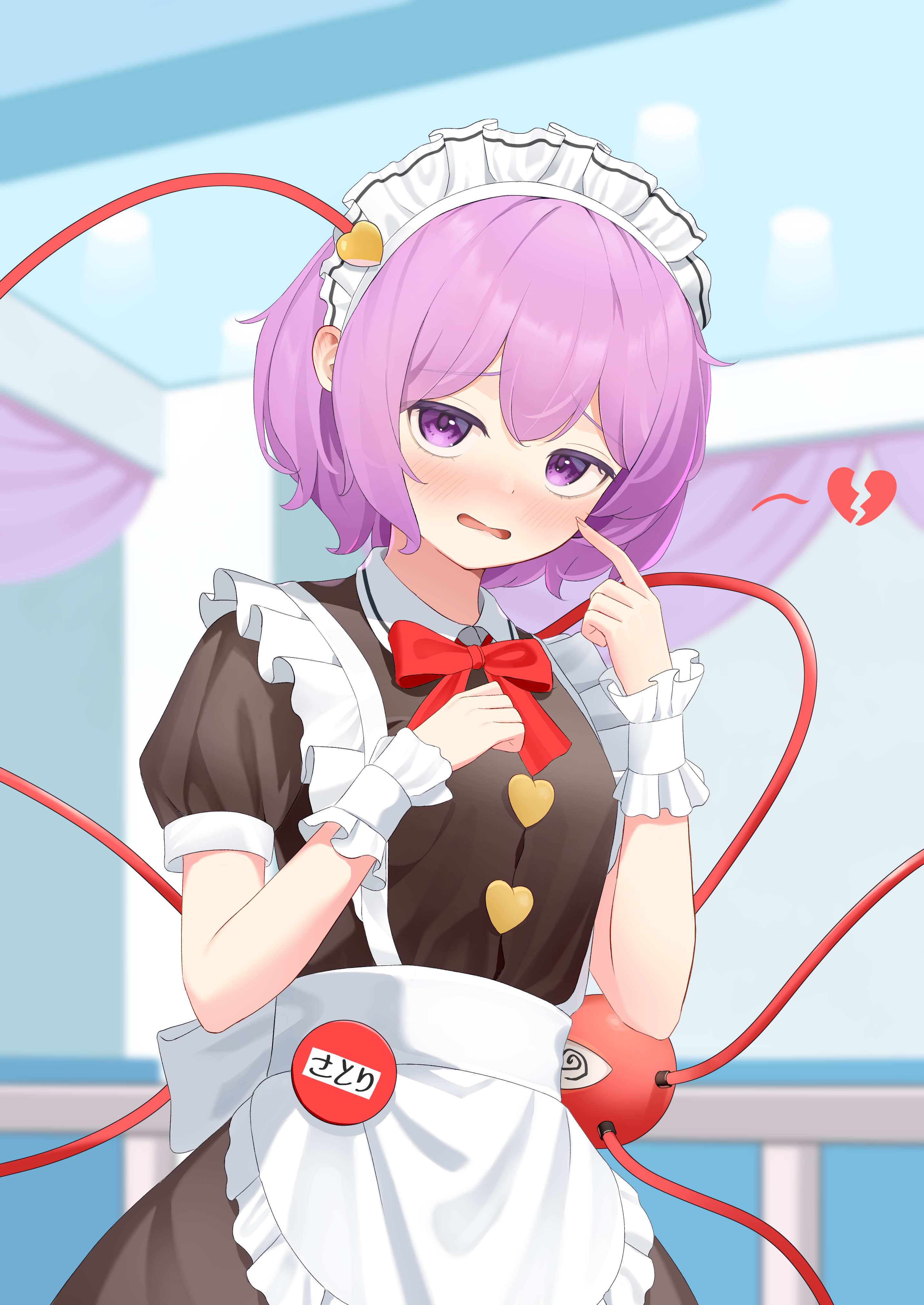wrainman, komeiji satori, touhou, absurdres, commentary, highres, 1girl, alternate costume, apron, black skirt, blush, bow, bowtie, broken heart, buttons, collared shirt, embarrassed, enmaided, eyeball, frills, hair ornament, hand on own face, heart, heart button, heart hair ornament, heart of string, long skirt, looking at viewer, maid, maid apron, maid headdress, open mouth, pink eyes, pink hair, puffy short sleeves, puffy sleeves, red bow, red bowtie, shirt, short sleeves, skirt, solo, third eye, wrist cuffs