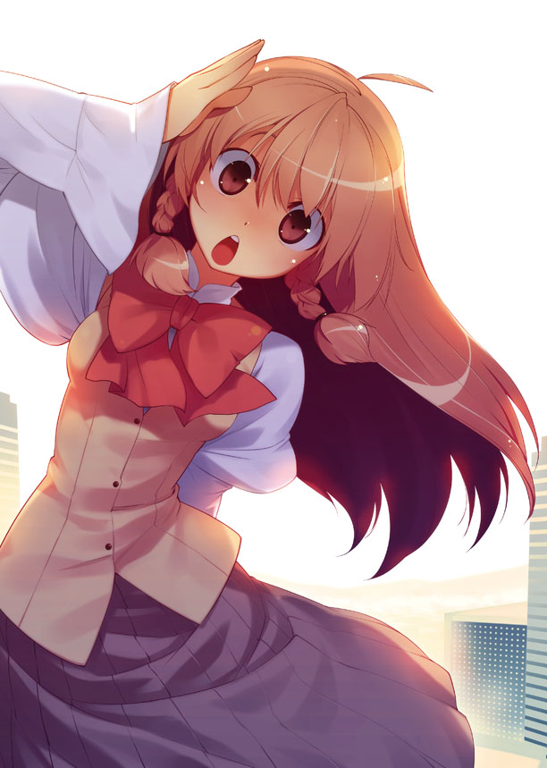 sumaki shungo, original, bad id, bad pixiv id, 1girl, :o, ahoge, backlighting, blonde hair, bow, bowtie, braid, brown eyes, building, female focus, head tilt, light particles, long hair, long sleeves, looking at viewer, matching hair/eyes, open mouth, orange eyes, orange hair, puffy sleeves, salute, skirt, solo, twin braids, vest