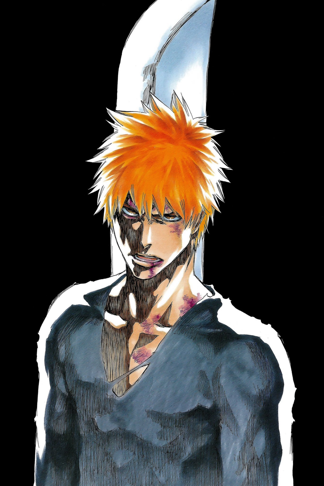 kubo tite, kurosaki ichigo, bleach, official art, second-party source, 1boy, black background, blood, brown eyes, bruise, bruise on face, collarbone, injury, looking at viewer, male focus, orange hair, short hair, simple background, spiked hair, sword, upper body, weapon