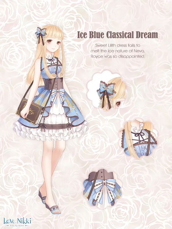ice blue classical dream (miracle nikki), miracle nikki, nikki (series), artist request, commentary, english commentary, official art, third-party source, 1girl, bag, bare arms, bare shoulders, blonde hair, blue bow, blue dress, blue sandals, blunt bangs, book, bow, brown background, brown bow, brown corset, brown eyes, brown sandals, character name, close-up, closed mouth, collared dress, copyright logo, corset, curly hair, dot nose, dress, english text, eyelashes, floral background, flower, frilled dress, frilled skirt, frills, full body, hair bow, happy, lace-trimmed bow, lace trim, light blush, lips, logo, lolita fashion, long hair, long sidelocks, looking at viewer, miniskirt, polka dot, polka dot bow, print bow, ribbon-trimmed bow, ribbon-trimmed skirt, ribbon trim, rose, sandals, shoulder bag, sidelocks, skirt, skirt bow, skirt under dress, sleeveless, sleeveless dress, smile, solo, standing, straight hair, two-tone sandals, waist bow, white skirt