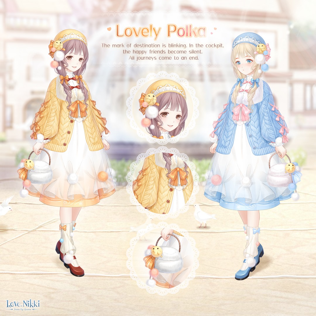 gifty (nikki), lovely polka (miracle nikki), miracle nikki, nikki (series), artist request, official art, third-party source, variant set, 1girl, :o, baby animal, basket, bath, beret, bird, bird hair ornament, blonde hair, blue cardigan, blue eyes, blue hat, blue jacket, blue shoes, blue skirt, bow, bow button, bow legwear, brown eyes, buttons, cardigan, character name, chick, close-up, copyright logo, day, dot nose, dove, dress, drill hair, english text, expressionless, eyelashes, fountain, frilled dress, frilled headwear, frills, full body, grass, hair bow, hair ornament, hair over shoulder, happy, hat, holding, holding basket, jacket, leg warmers, light blush, light particles, light rays, logo, long hair, long sleeves, low twintails, mansion, mary janes, medium dress, medium skirt, open cardigan, open clothes, open mouth, orange bow, orange hat, orange skirt, outdoors, outline, parted lips, pink bow, pleated skirt, pom pom (clothes), puffy long sleeves, puffy sleeves, red bow, red shoes, shirt, shoes, skirt, skirt under dress, sky, sleeve bow, smile, sunlight, teeth, tree, twintails, upper teeth only, waist bow, white dress, white leg warmers, white outline, white shirt, white sky, yellow cardigan