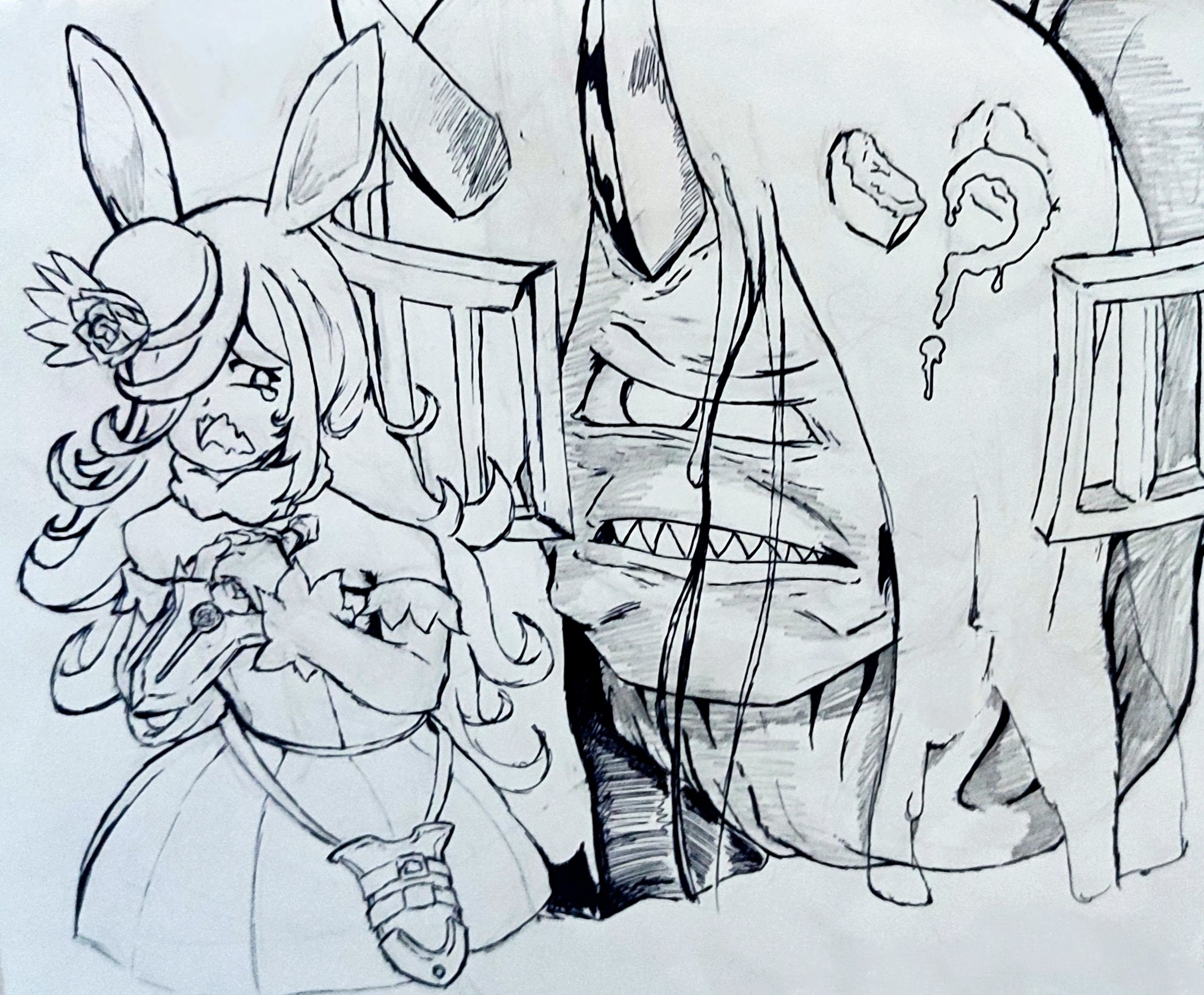 rice shower (umamusume), umamusume, undead unluck, highres, traditional media, 1girl, 1other, animal ears, confused, cyclops, dagger, dress, fangs, hat, holding, holding dagger, holding knife, holding weapon, horns, horse ears, interrogation, knife, long hair, monochrome, one-eyed, one eye covered, shawarmaslayer, sheath, spoil (undead unluck), teardrop, weapon