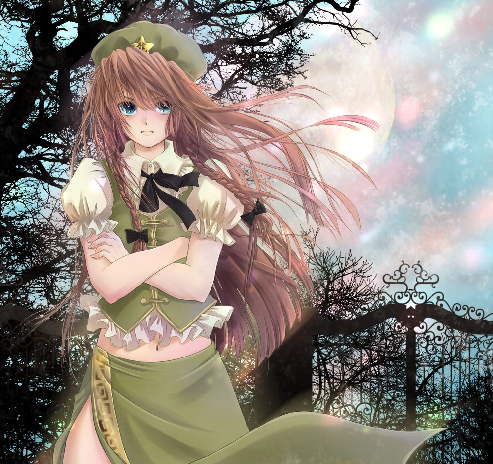 kubozuka pikurou, hong meiling, embodiment of scarlet devil, touhou, 1girl, blue eyes, braid, china dress, chinese clothes, crossed arms, dress, female focus, gate, long hair, midriff, moon, red hair, solo, tree, twin braids, wind