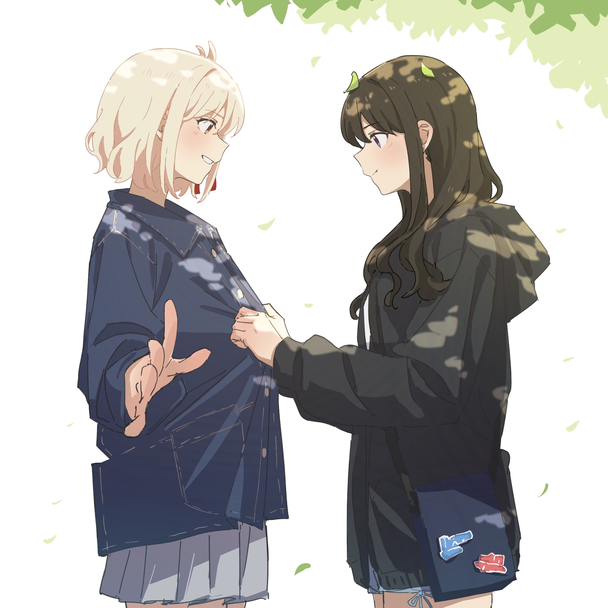 fafayu, inoue takina, nishikigi chisato, lycoris recoil, commentary, highres, 2girls, black hair, black jacket, blonde hair, blue shirt, brown eyes, buttoning, dappled sunlight, falling petals, grey skirt, jacket, long hair, long sleeves, multiple girls, one side up, open mouth, petals, pleated skirt, purple eyes, shirt, short hair, skirt, sunlight