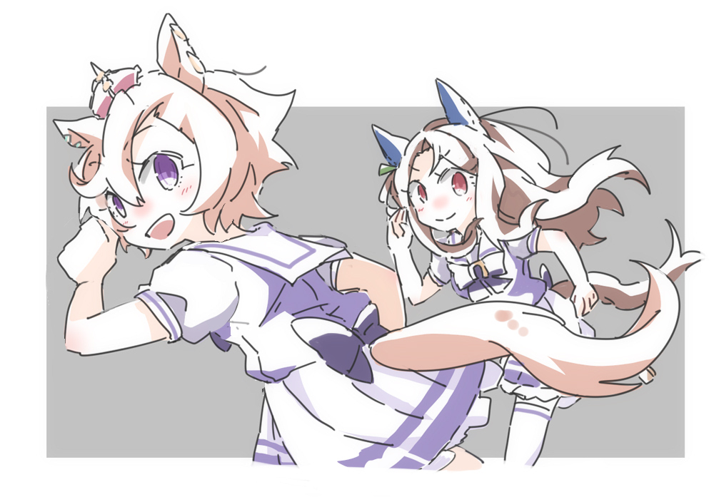 beer hsk, king halo (umamusume), t.m. opera o (umamusume), umamusume, >:), 2girls, :d, animal ears, bow, brown hair, closed mouth, crown, grey background, hair between eyes, horse ears, horse girl, horse tail, long hair, mini crown, multiple girls, open mouth, pleated skirt, puffy short sleeves, puffy sleeves, purple bow, purple eyes, purple shirt, red eyes, school uniform, shirt, short hair, short sleeves, skirt, smile, tail, tracen school uniform, two-tone background, v-shaped eyebrows, very long hair, white background, white skirt