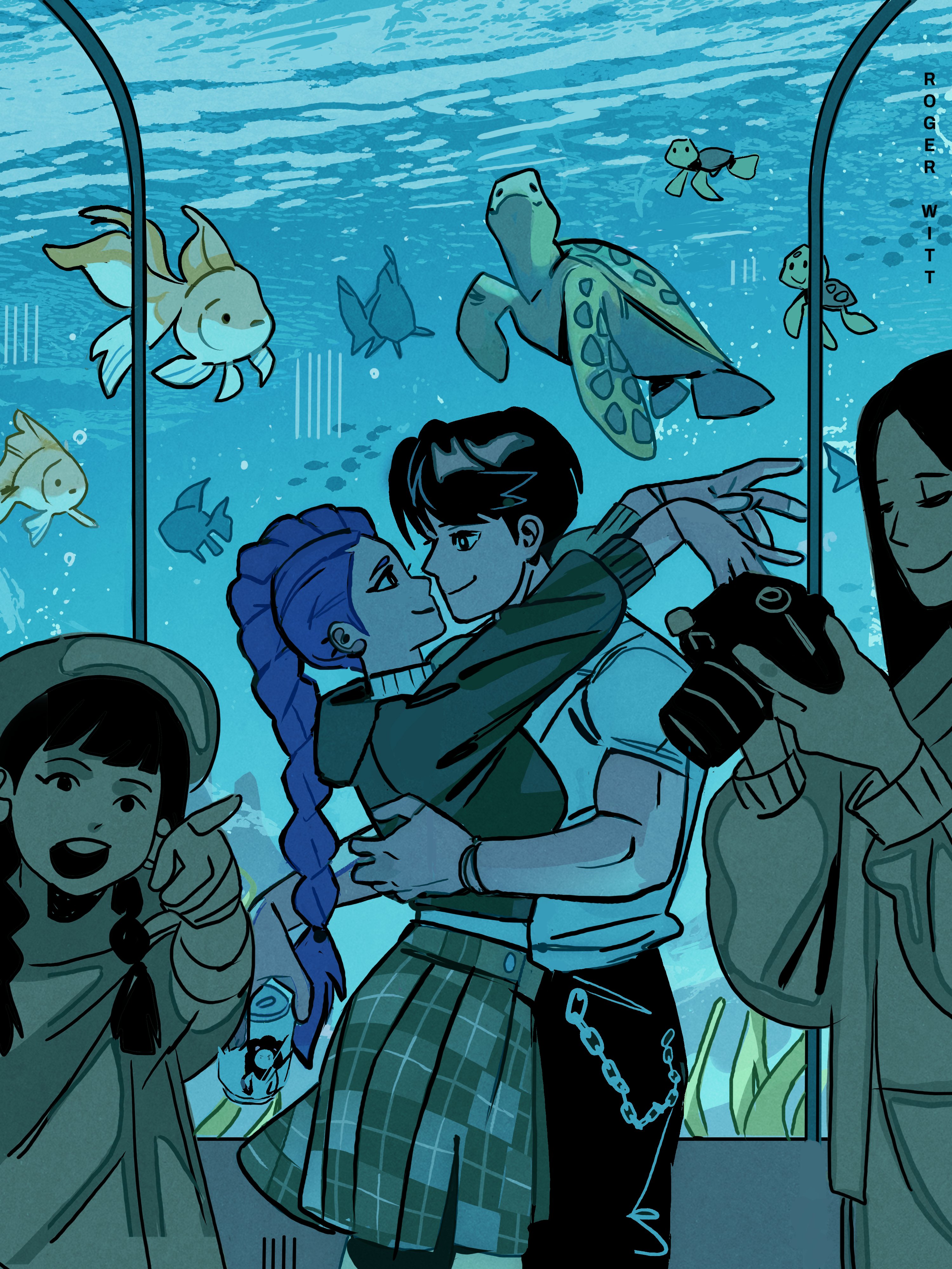 rogerwitt, jinu (kpop demon hunters), rumi (kpop demon hunters), kpop demon hunters, absurdres, hashtag-only commentary, highres, 1girl, 3girls, aquarium, arm armor, arms around neck, artist name, black hair, black pants, braid, breasts, camera, can, couple, cow, drink can, earrings, fish, grey hoodie, hat, hetero, holding, holding camera, holding can, hood, hood down, hoodie, jewelry, long hair, medium breasts, multiple girls, pants, plaid clothes, plaid skirt, purple hair, shirt, short hair, single braid, skirt, smile, turtle, twin braids, white shirt