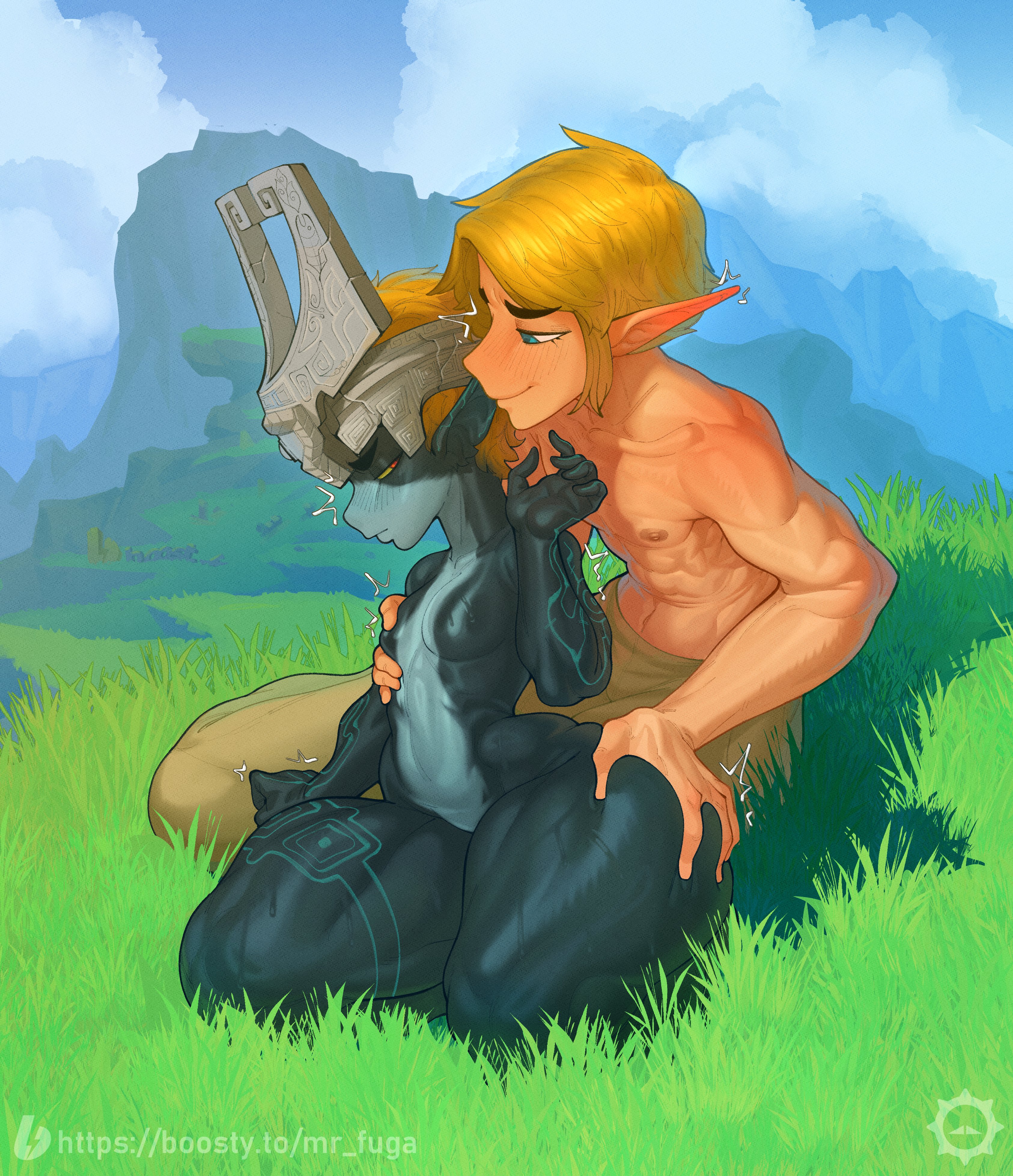 mrfuga, link, midna, nintendo, the legend of zelda, absurdres, commentary, highres, symbol-only commentary, 1boy, 1girl, blonde hair, blue eyes, colored skin, flat chest, grabbing another's breast, grass, groping, helmet, long pointy ears, outdoors, pointy ears, tattoo, thick thighs, thighs
