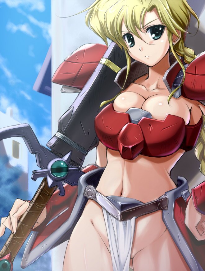 nomal, materia (aretha), aretha, md5 mismatch, 1girl, armor, bikini armor, blonde hair, braid, breasts, cleavage, earrings, female focus, green eyes, jewelry, loincloth, long loincloth, navel, no panties, pelvic curtain, shoulder pads, solo, sword, weapon