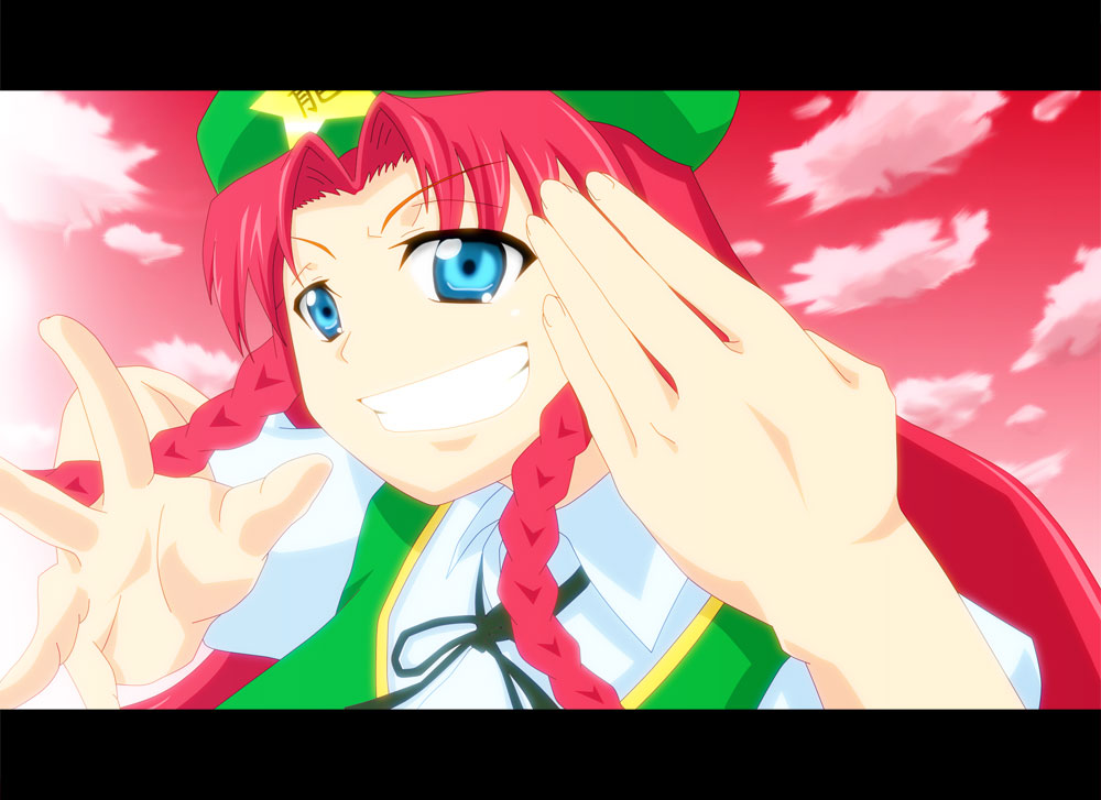 noshigami, hong meiling, immaterial and missing power, touhou, 1girl, aqua eyes, braid, cloud, fake screenshot, female focus, grin, hat, letterboxed, outdoors, red eyes, red sky, sky, smile, solo, twin braids