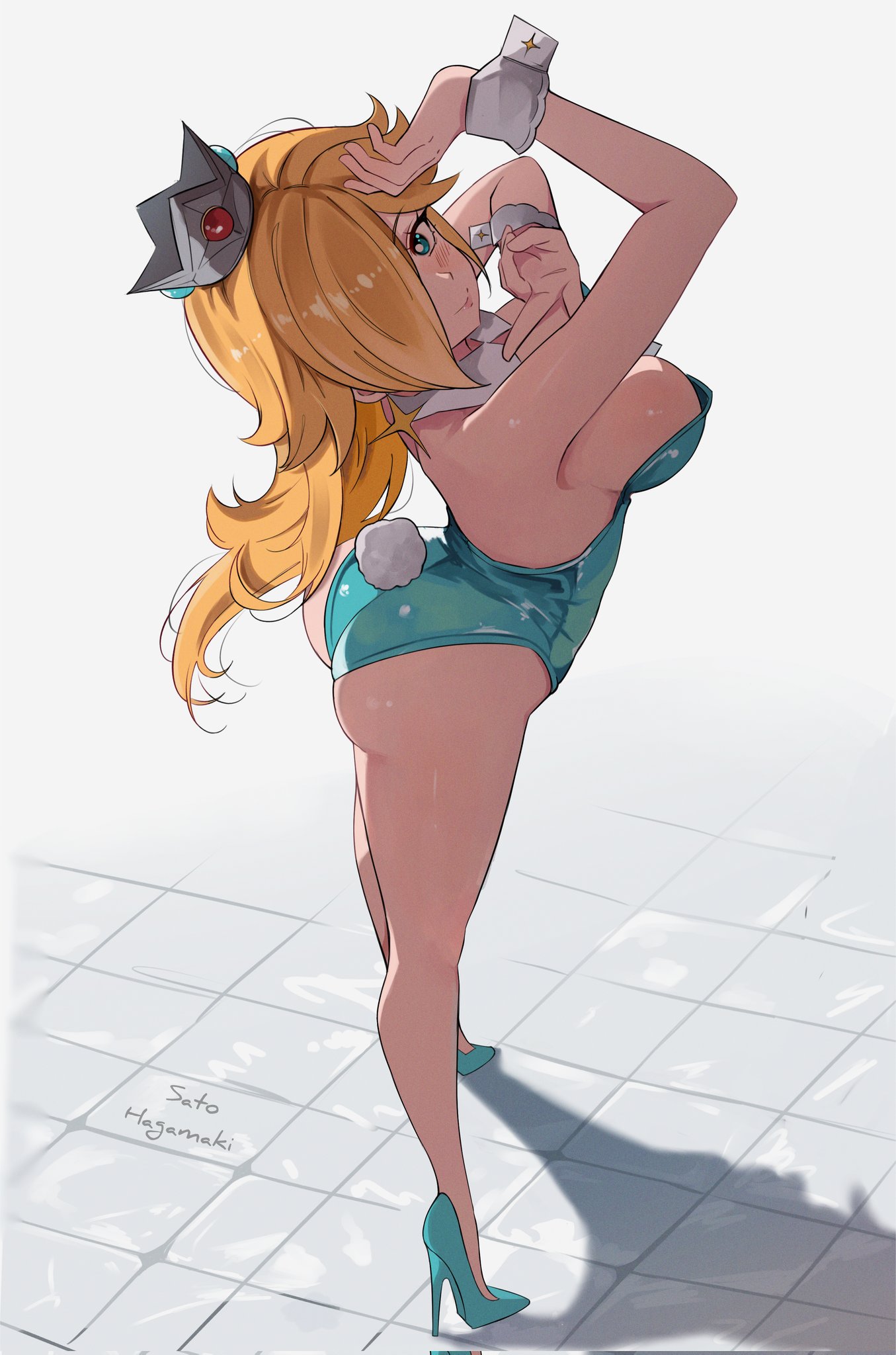 rosalina, mario (series), nintendo, commentary request, corrupted twitter file, highres, 1girl, alternate breast size (larger), alternate costume, artist name, ass, blonde hair, blue eyes, blue leotard, blue shoes, blush, breasts, closed mouth, crown, fake tail, full body, hair over one eye, high heels, highleg, highleg leotard, large breasts, leotard, long hair, looking at viewer, playboy bunny, rabbit tail, sato hagamaki, shoes, solo, spanish commentary, standing, strapless, strapless leotard, tail, wrist cuffs
