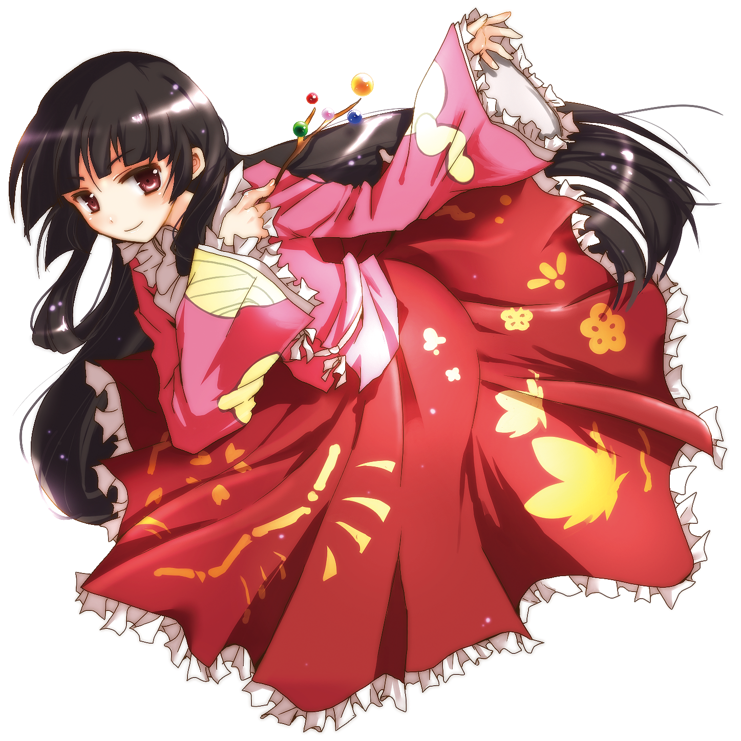 toya (ecospica), houraisan kaguya, touhou, highres, 1girl, black eyes, black hair, blouse, blunt bangs, collar, dress, female focus, frilled sleeves, frills, full body, long hair, long skirt, long sleeves, looking at viewer, red skirt, shirt, skirt, solo, transparent background